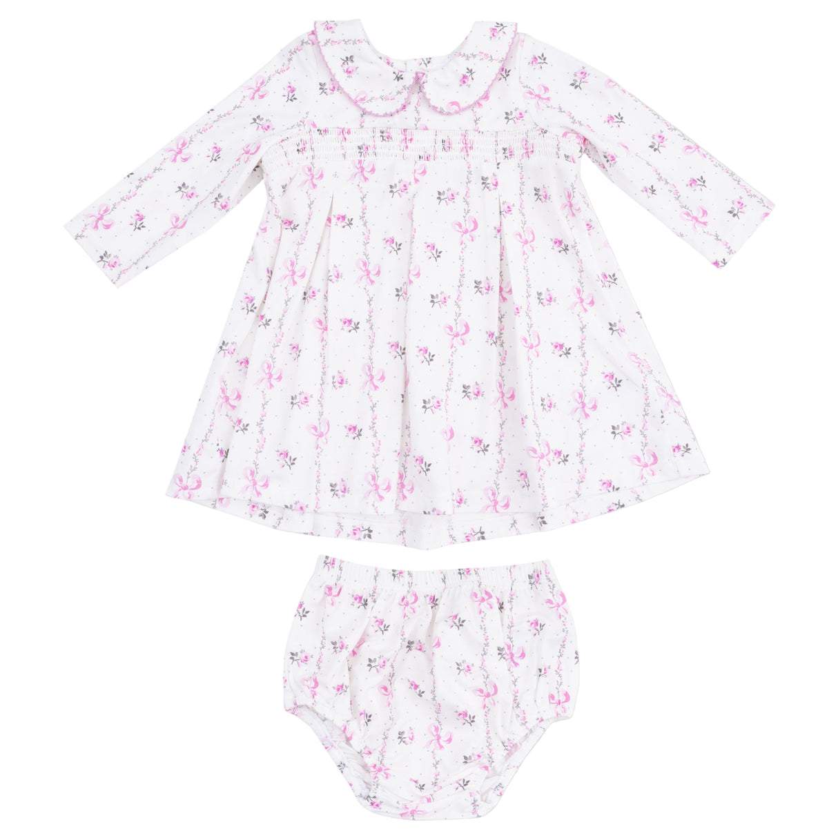 Long Sleeve Peter Pan Collar Dress with Smocking and Bloomer - HoneyBug