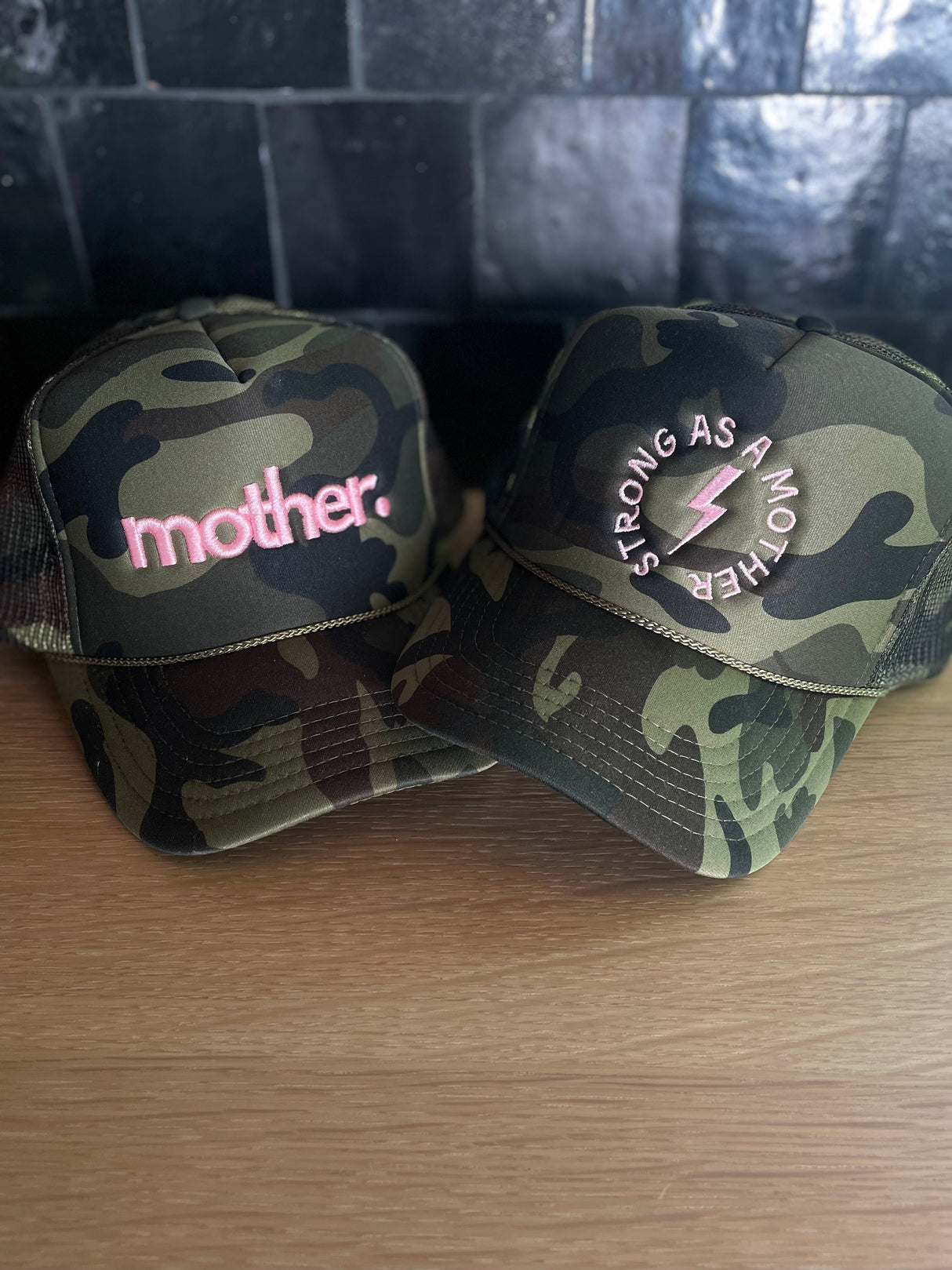 Strong as a mother™ Embroidered Trucker Hat - Camo + Baby Pink - HoneyBug