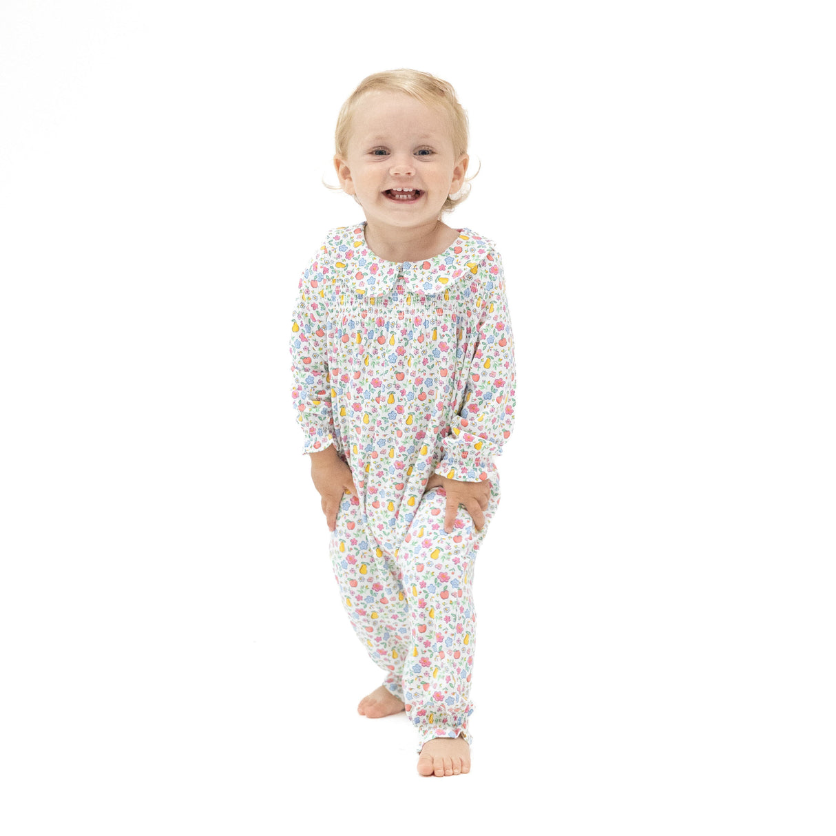 Smocked Long Sleeve Romper with Peter Pan Collar - HoneyBug