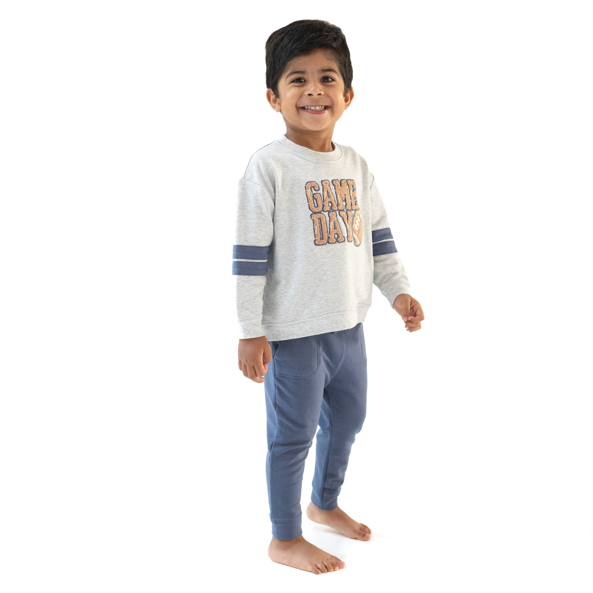 Cozy Drop Sleeve Sweatshirt with Varsity Stripes - Varsity Light Grey - HoneyBug