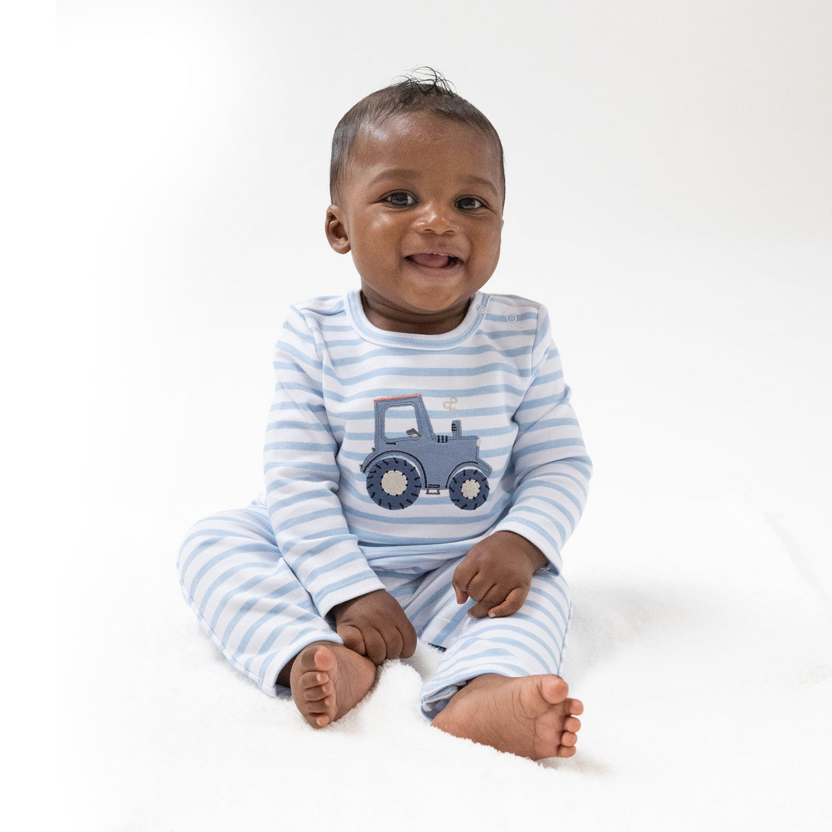 Long Sleeve Snap Shoulder Romper - Mini Tractors - HoneyBug