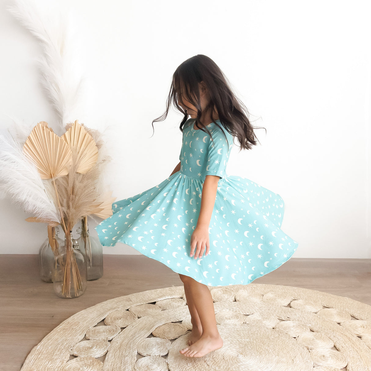 MID SLEEVE TWIRL- Moon + Stars Ribbed - HoneyBug