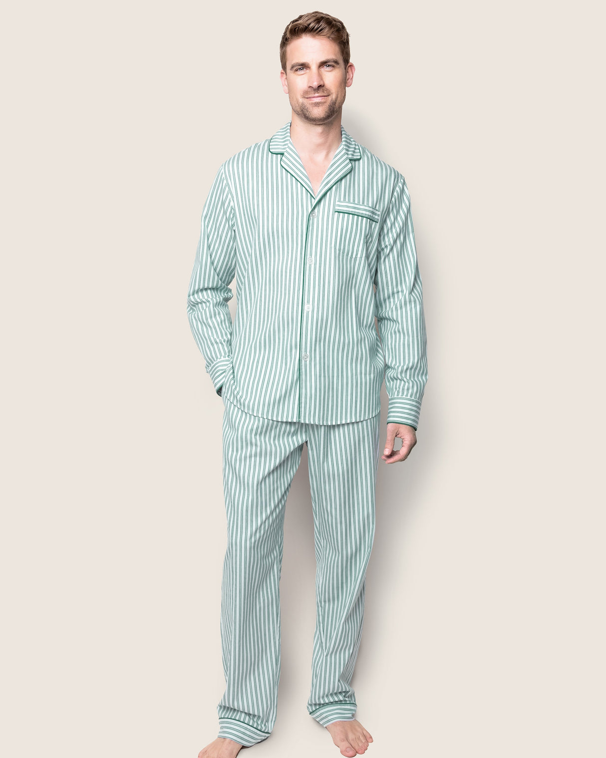Men's Twill Pajama Set in Emerald Ticking - HoneyBug