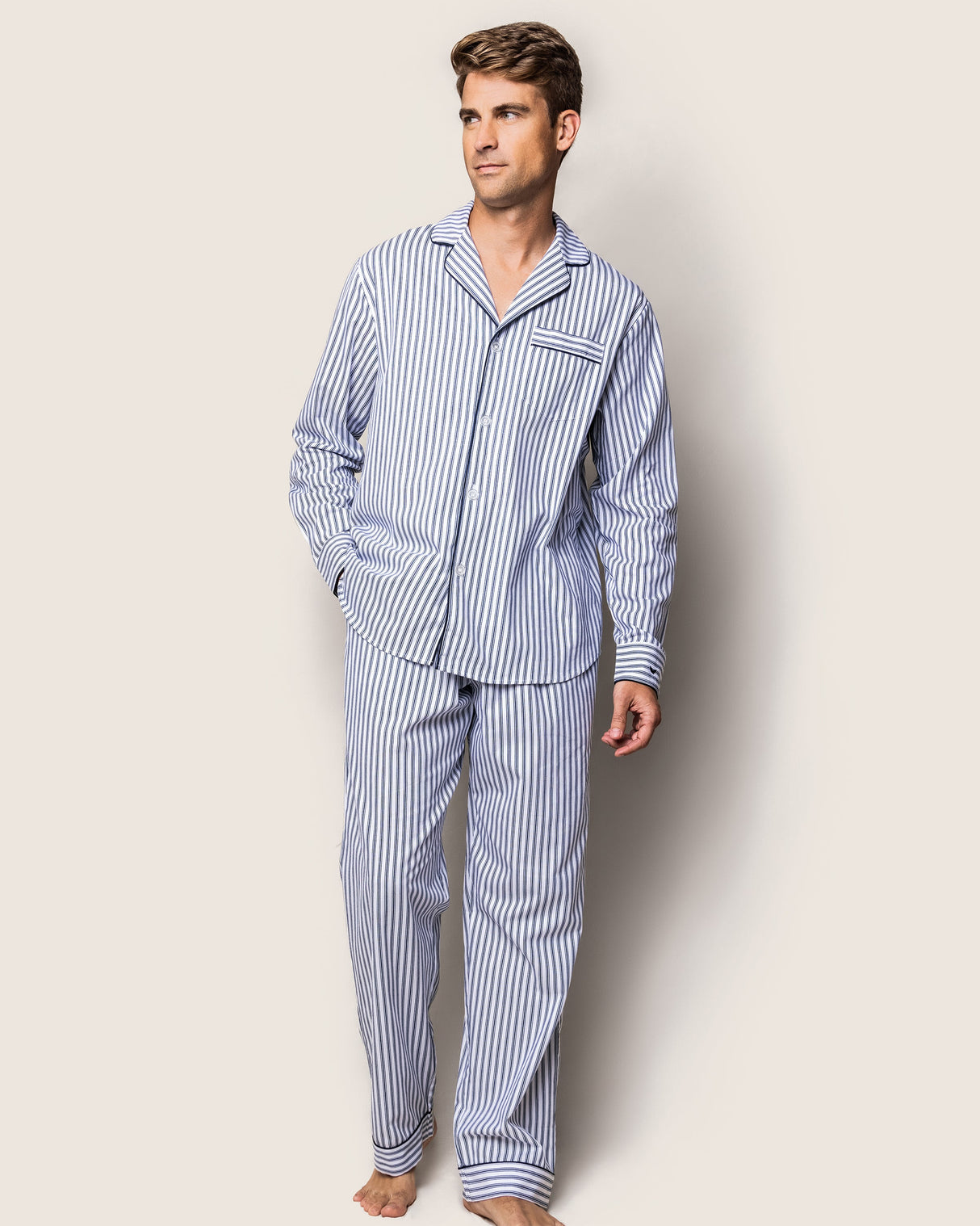 Men's Twill Pajama Set in Navy French Ticking - HoneyBug
