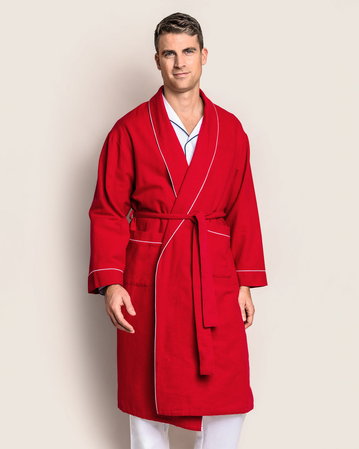 Men's Flannel Robe in Red with White Piping - HoneyBug