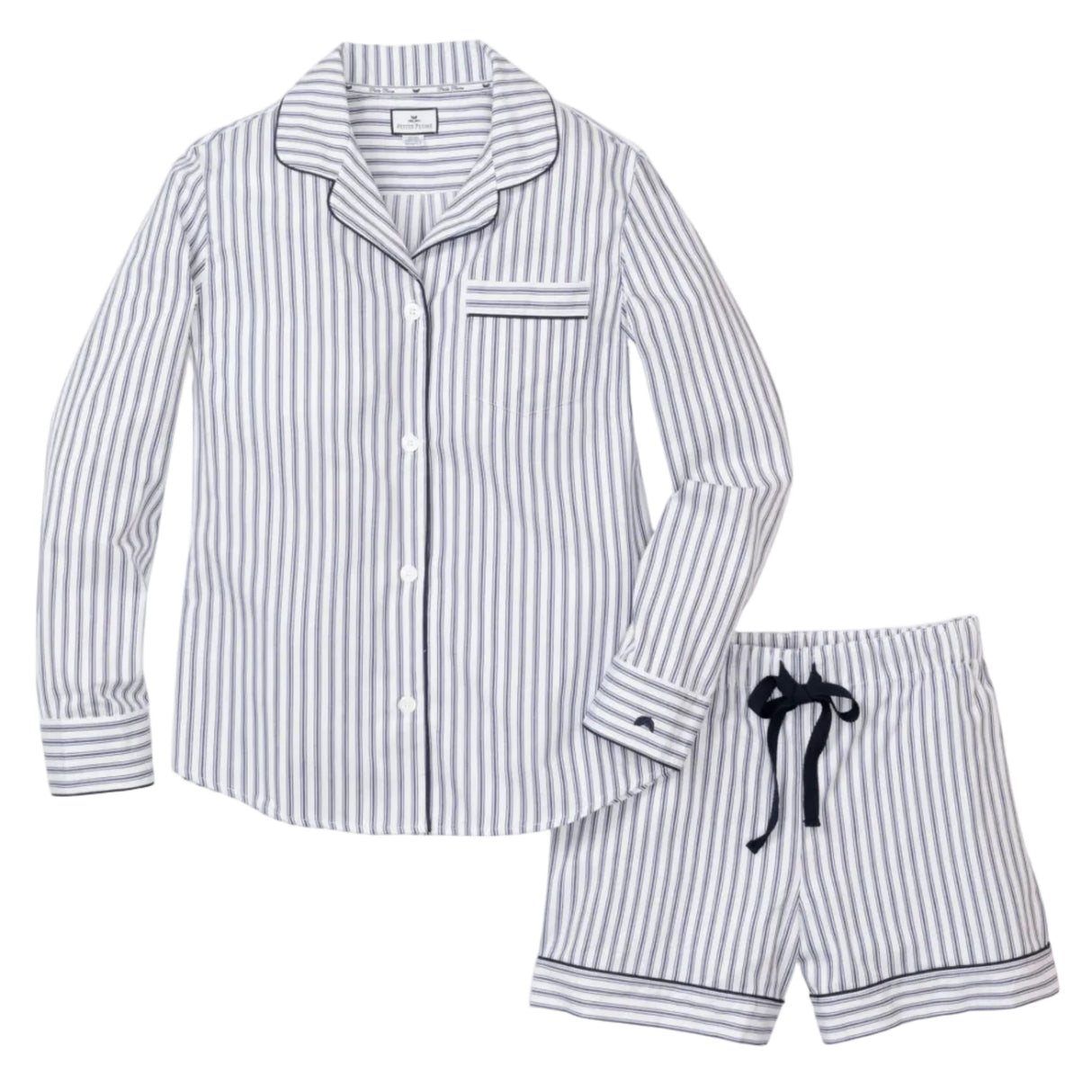 Women's Twill Pajama Long Sleeve Short Set in Navy French Ticking
