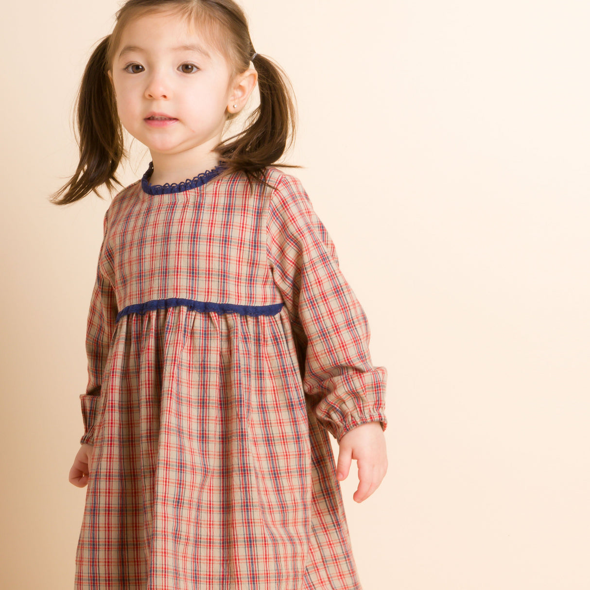 Toddler Long Sleeves Dress with Lace Trim | Red and Blue Check - HoneyBug