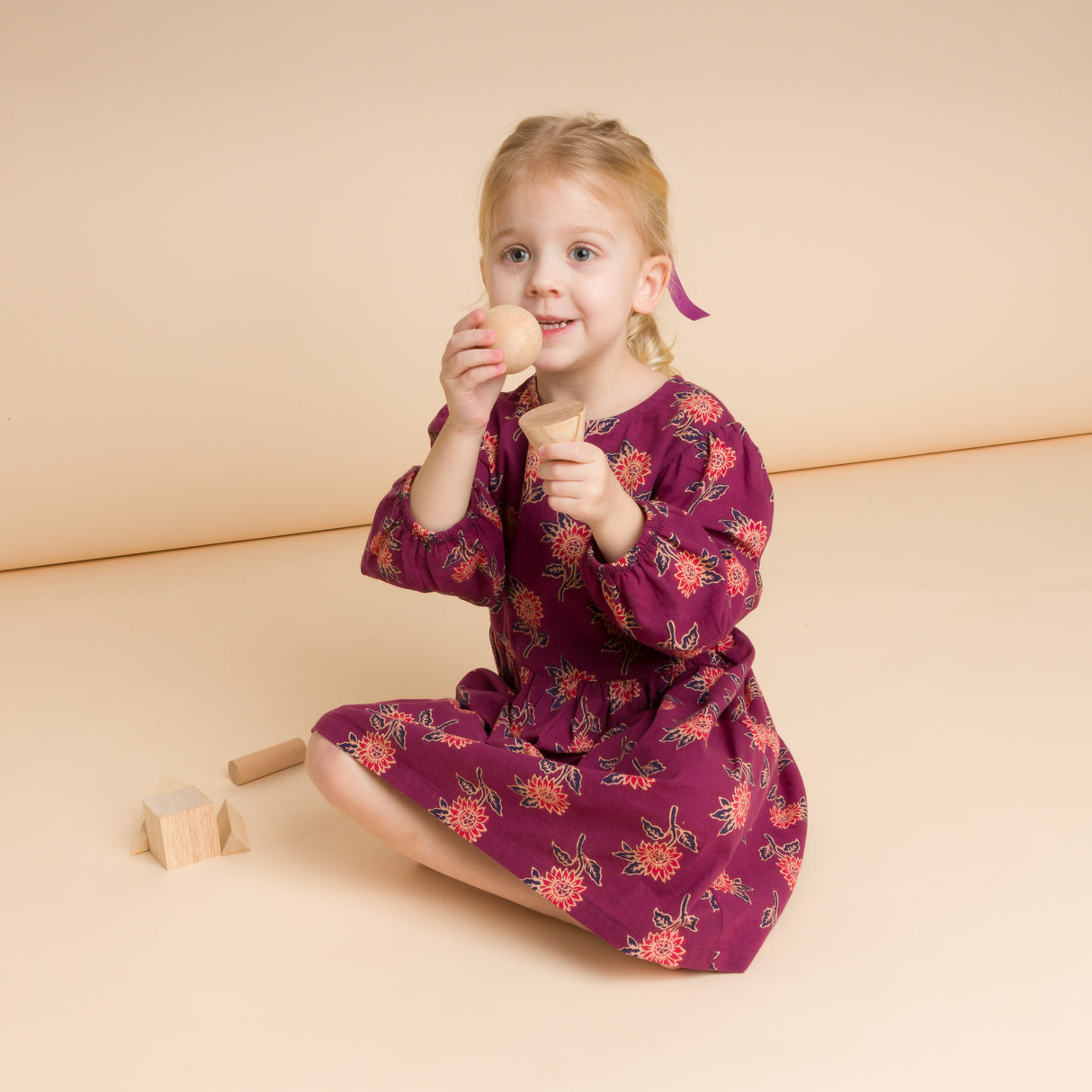 Girls' Long Sleeve Dress with Floral Motif | Purple & Red - HoneyBug