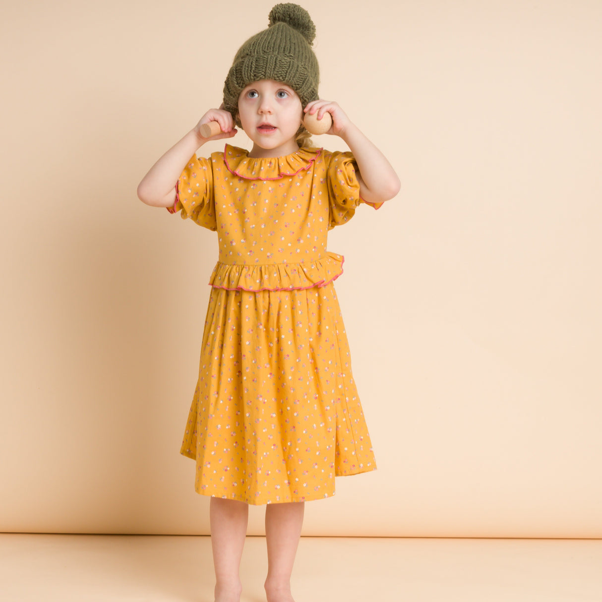 Girls' Ruffle Collar Long Sleeve Dress | Mustard and Pink - HoneyBug