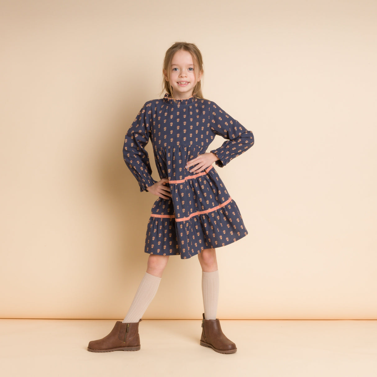 Girls' Long Sleeves Tiered Skirt Dress with Velvet Trim | Orange Floral - HoneyBug