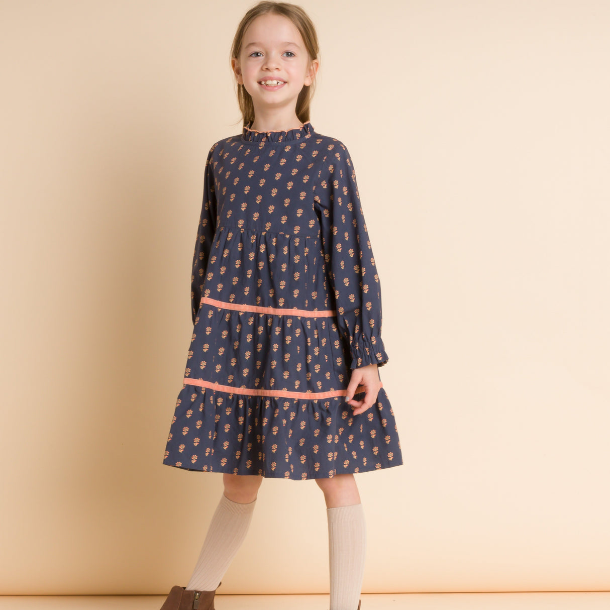 Girls' Long Sleeves Tiered Skirt Dress with Velvet Trim | Orange Floral - HoneyBug