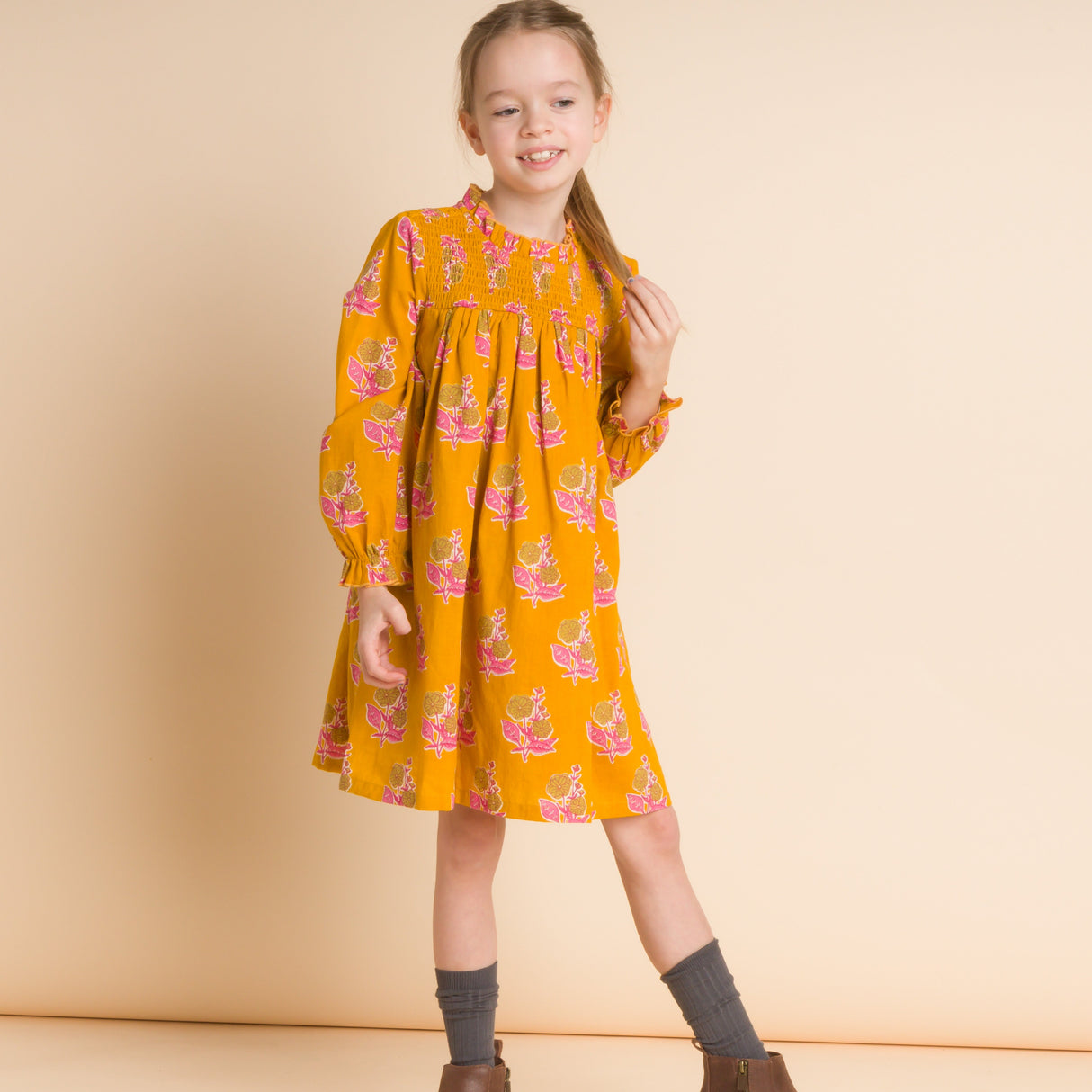 Girls' Smocked Long Sleeve Dress | Mustard and Pink - HoneyBug