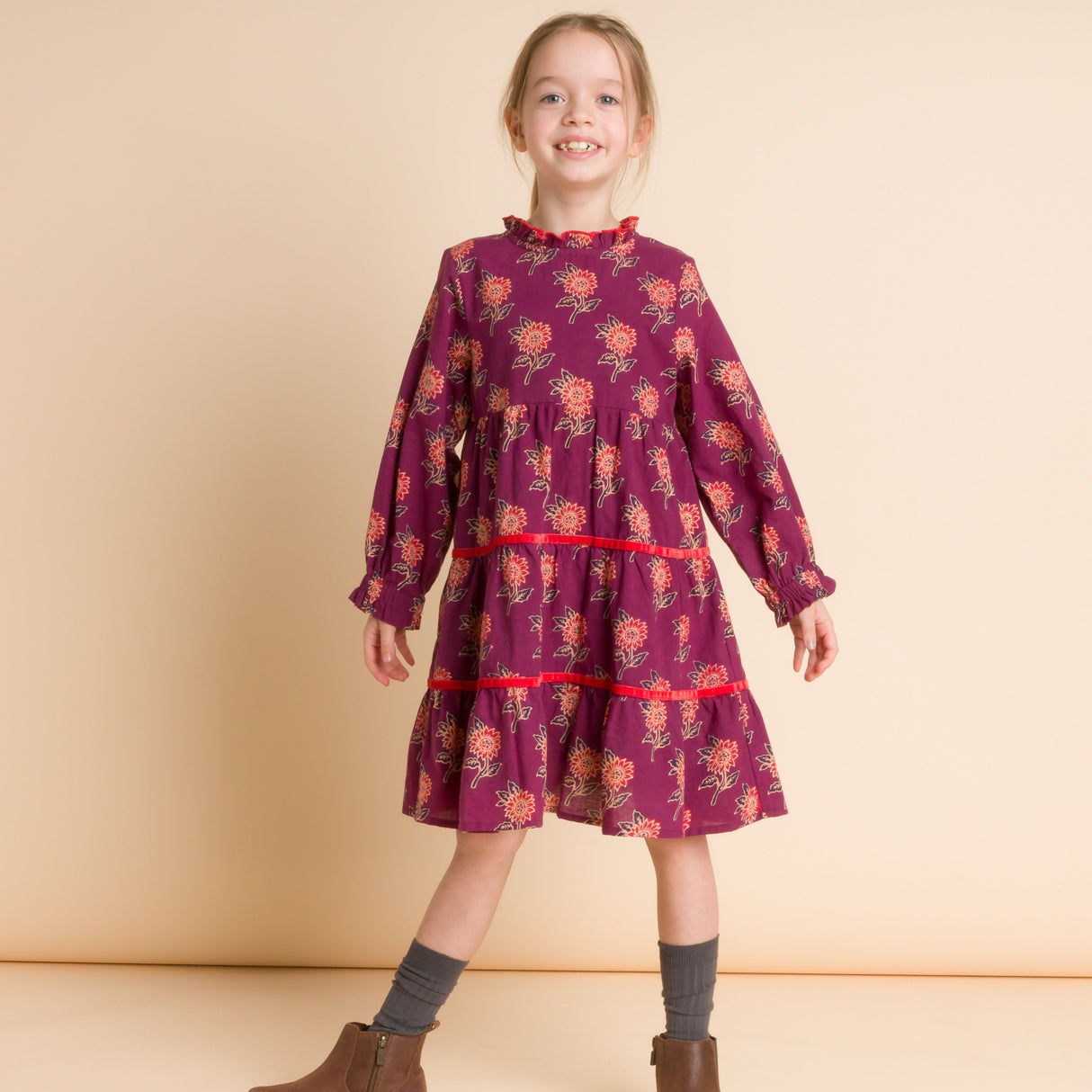 Girls' Long Sleeves Tiered Skirt Dress with Velvet Trim | Purple and Red - HoneyBug