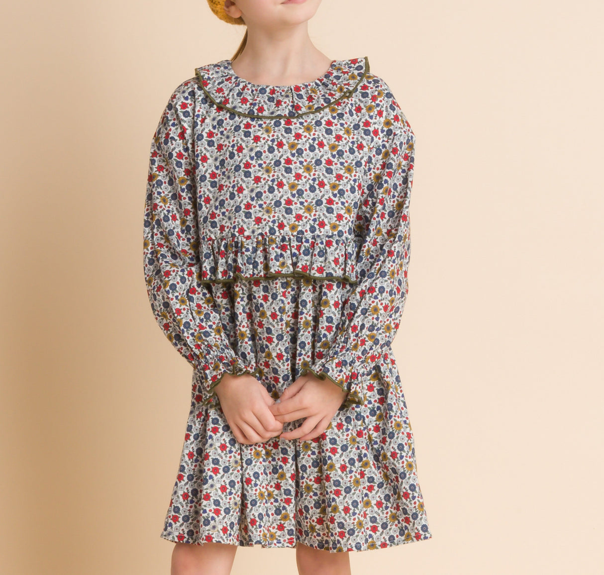 Girls' Ruffle Collar Long Sleeve Dress | Blue and Mustard Floral - HoneyBug
