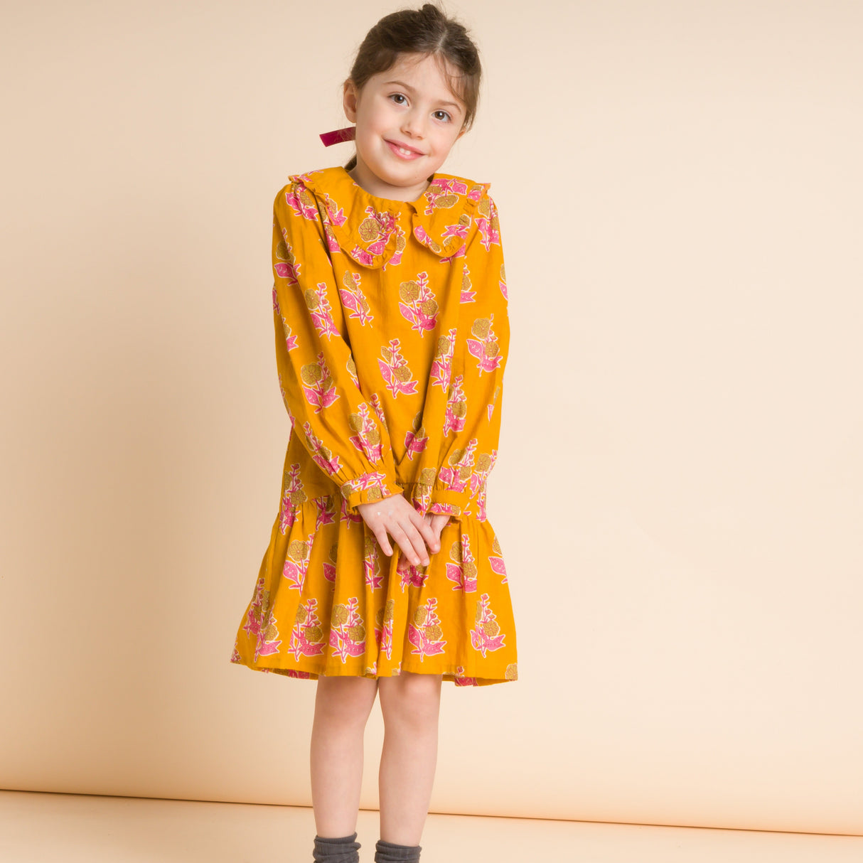Girls' Wide Collar Long Sleeve Dress with Low Waist | Mustard and Pink - HoneyBug