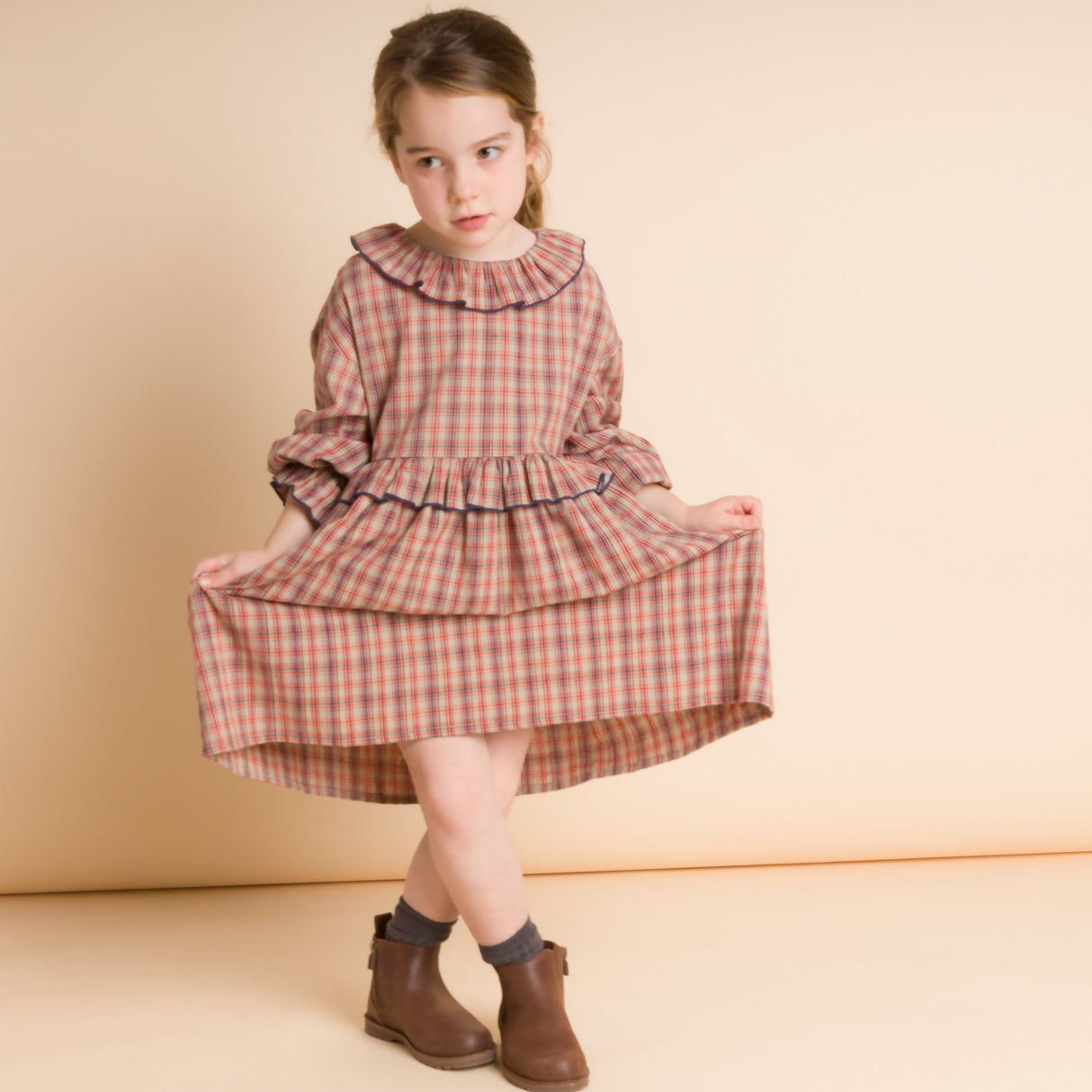Girls' Ruffle Collar Long Sleeve Dress | Red and Blue Check - HoneyBug