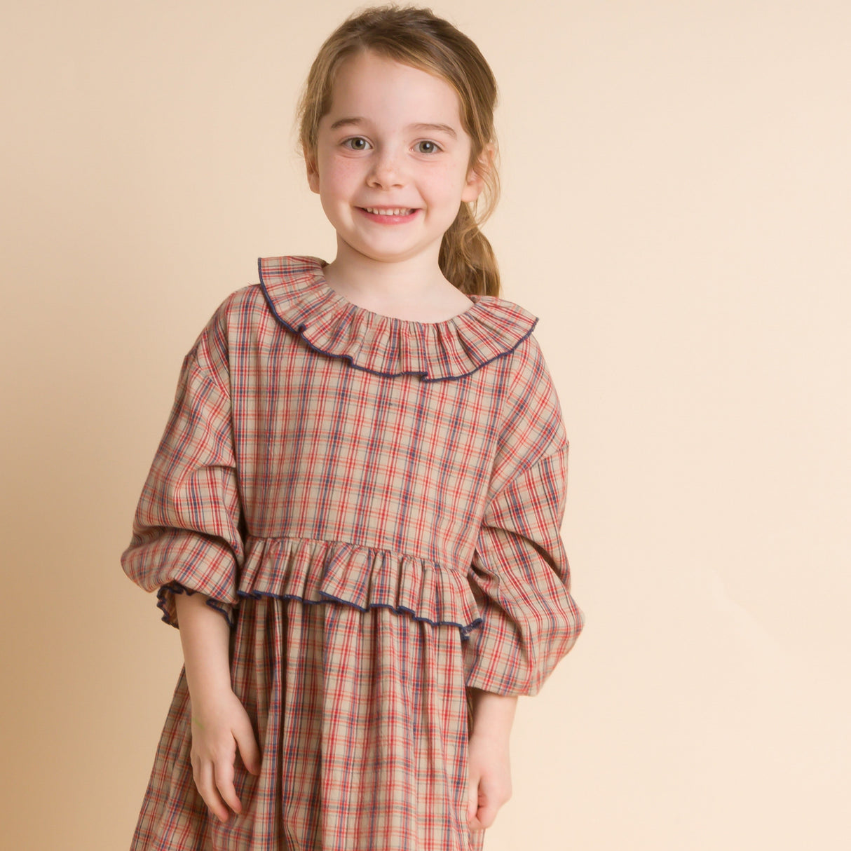 Girls' Ruffle Collar Long Sleeve Dress | Red and Blue Check - HoneyBug