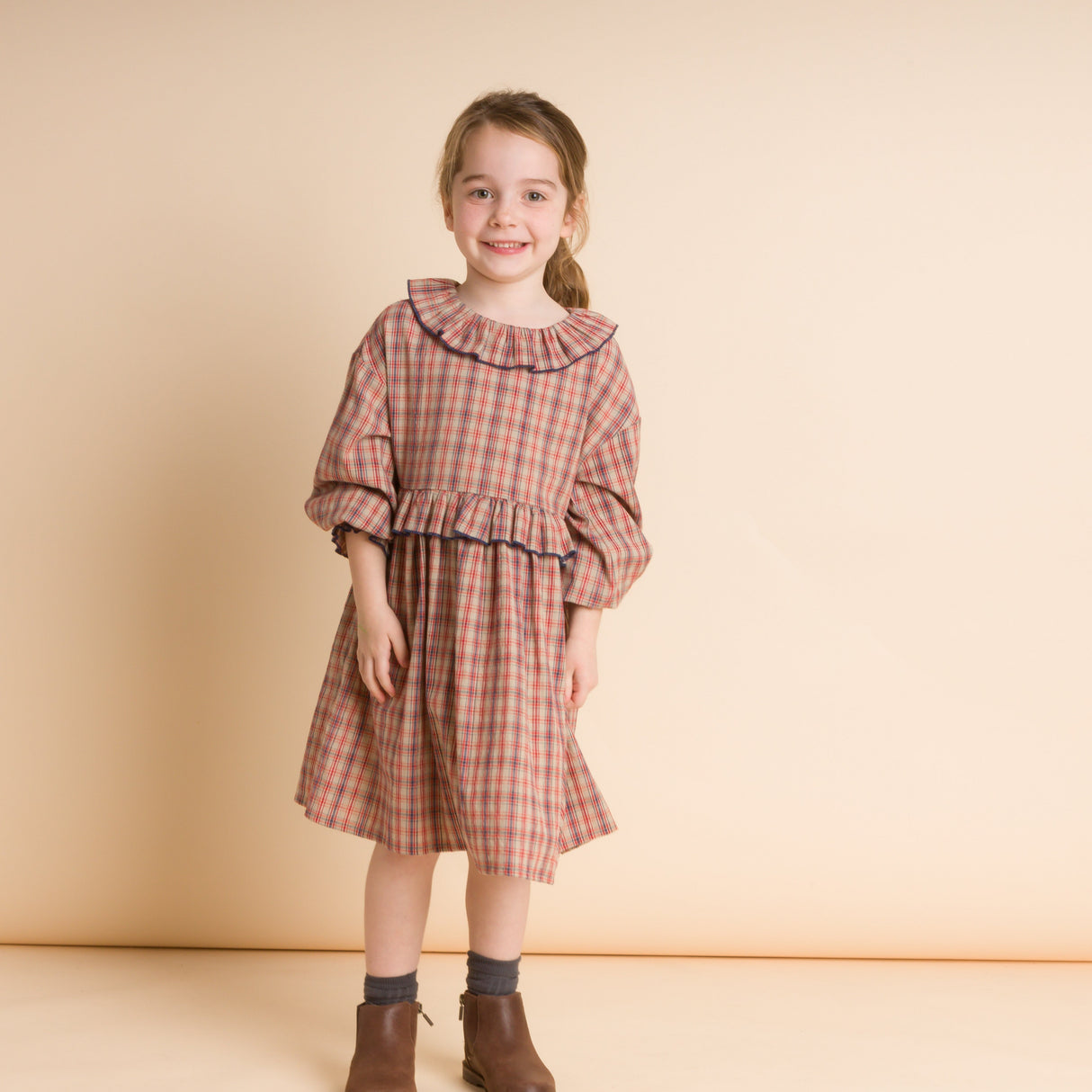 Girls' Ruffle Collar Long Sleeve Dress | Red and Blue Check - HoneyBug