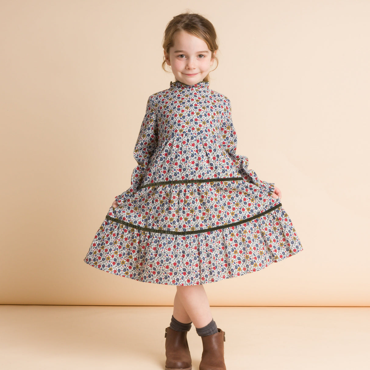 Girls' Long Sleeves Tiered Skirt Dress with Velvet Trim | Blue and Mustard - HoneyBug