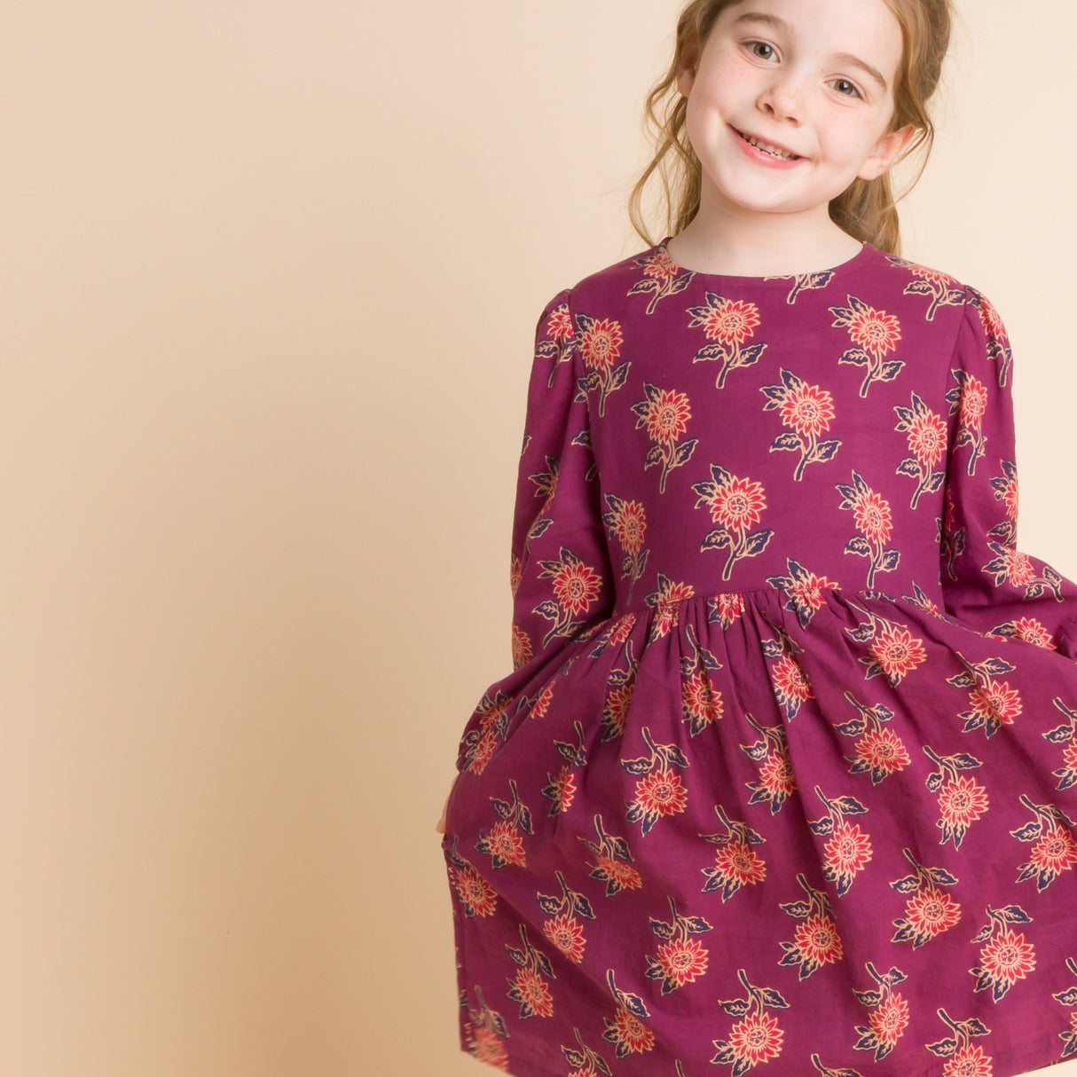 Girls' Long Sleeve Dress with Floral Motif | Purple & Red - HoneyBug