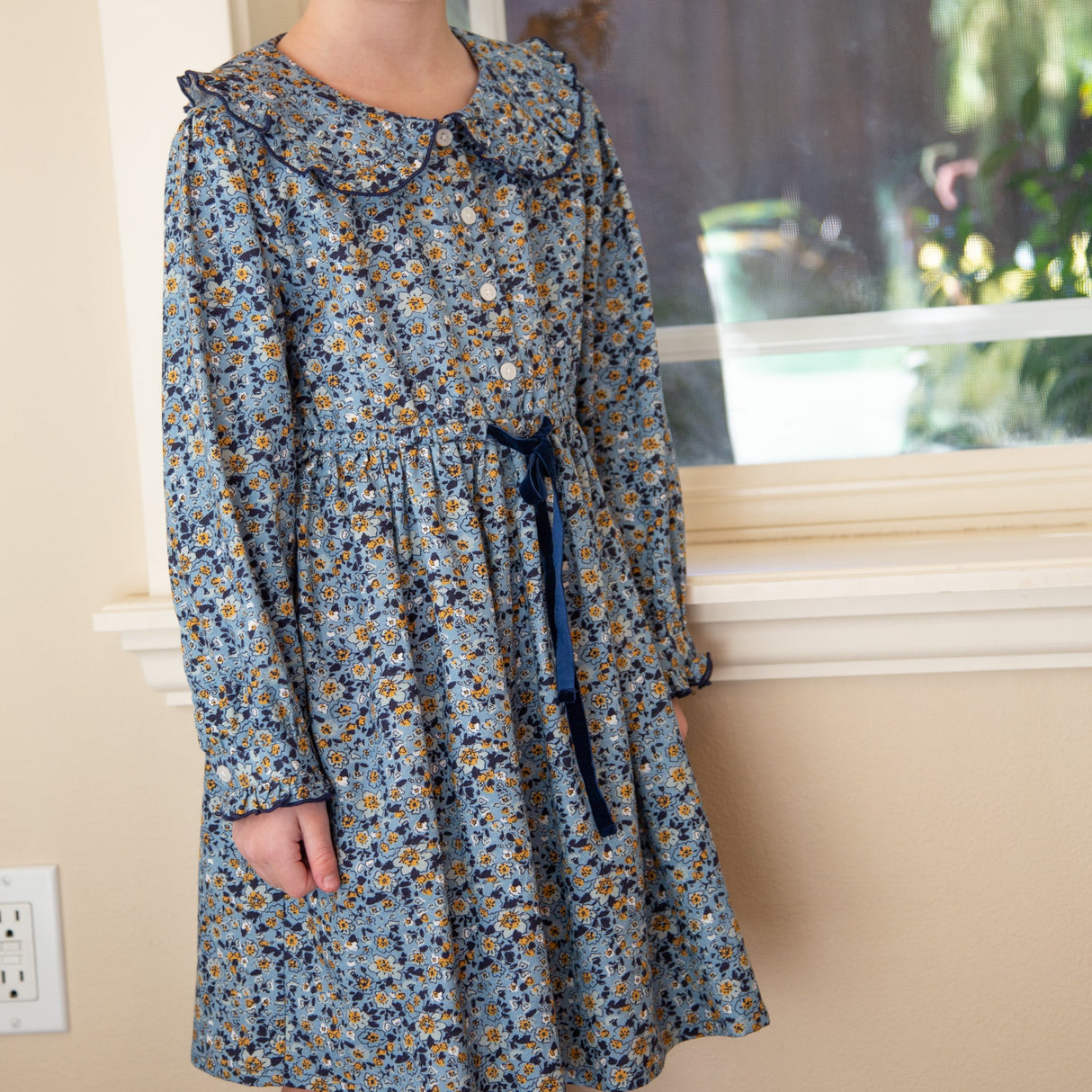 Girls Adelaide Velvet Tie Dress | Blue and Mustard Wildflowers - HoneyBug