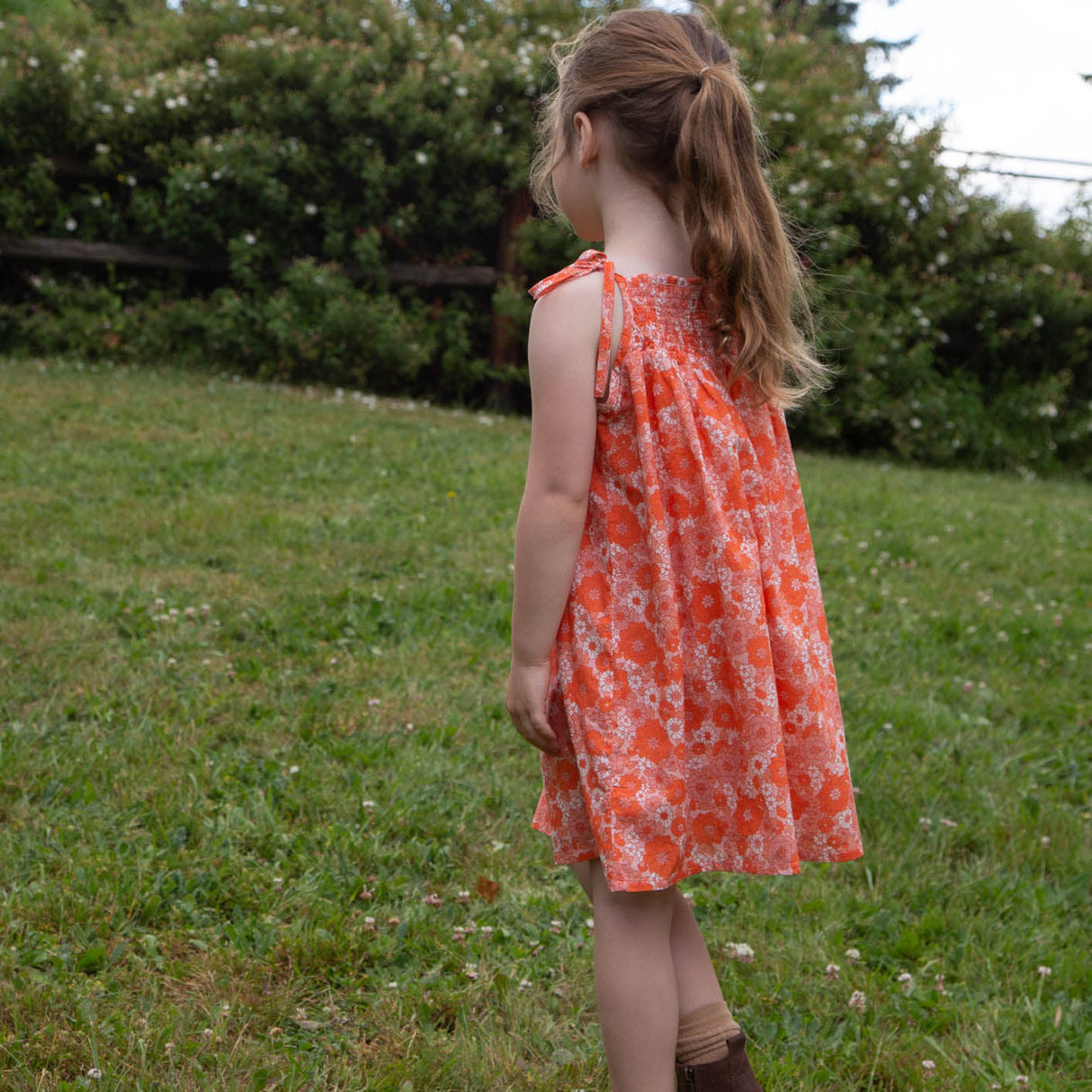 Girls' Shoulder-Tie Smocked Dress | Orange Meadow - HoneyBug