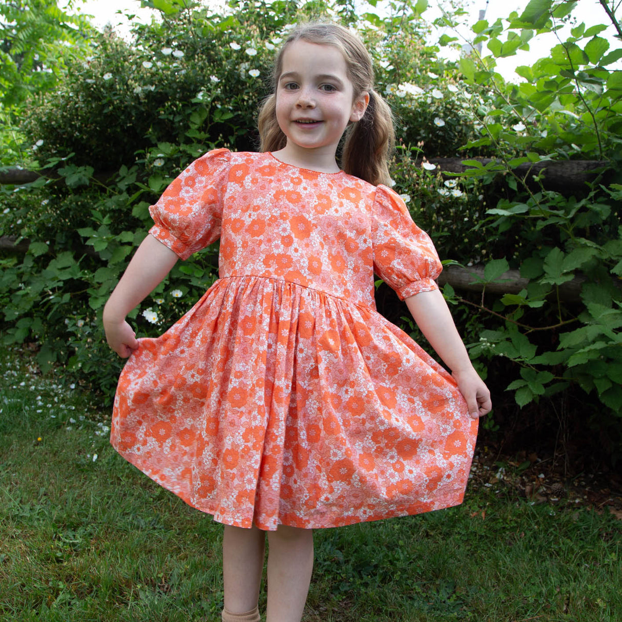 Girls' Short Puff Sleeve Dress | Orange Meadow - HoneyBug