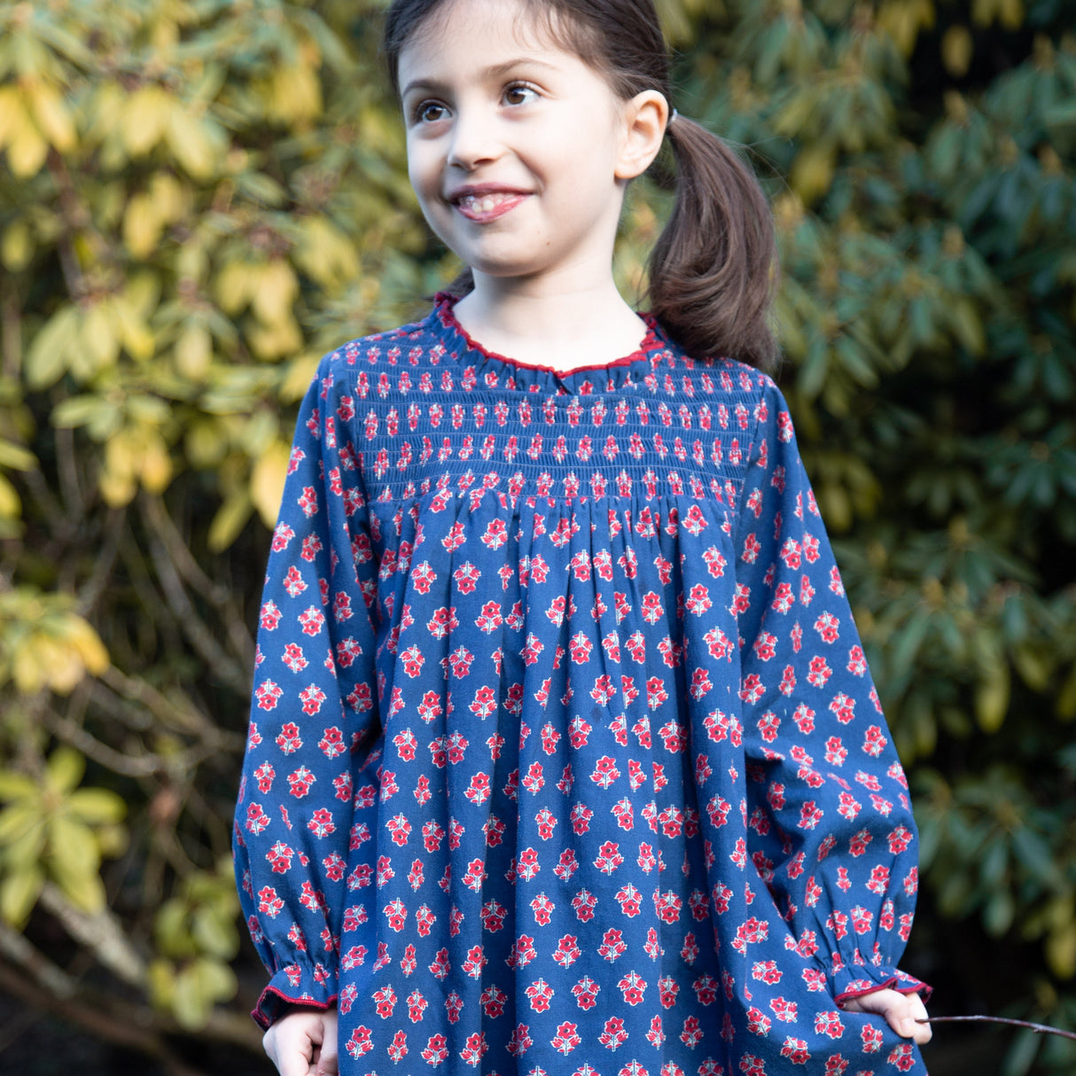 Girls' Smocked Long Sleeves Dress | Red and Navy - HoneyBug