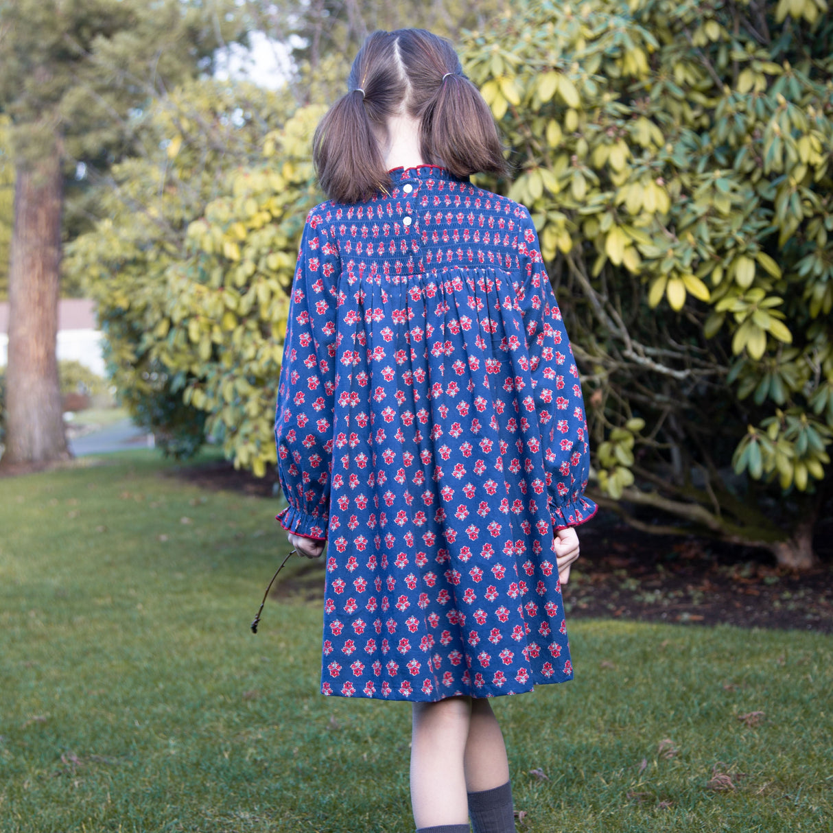 Girls' Smocked Long Sleeves Dress | Red and Navy - HoneyBug