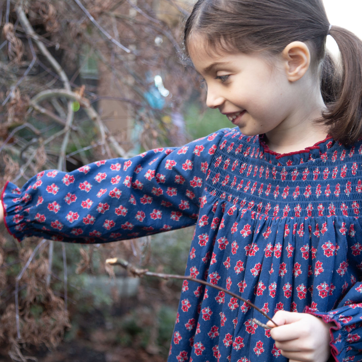 Girls' Smocked Long Sleeves Dress | Red and Navy - HoneyBug