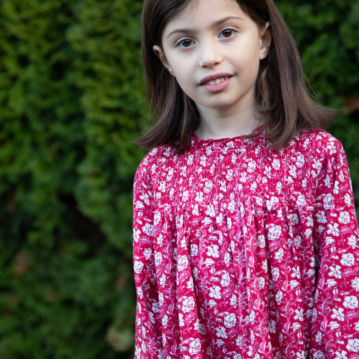 Girls' Smocked Long Sleeves Dress | Red and White Floral - HoneyBug