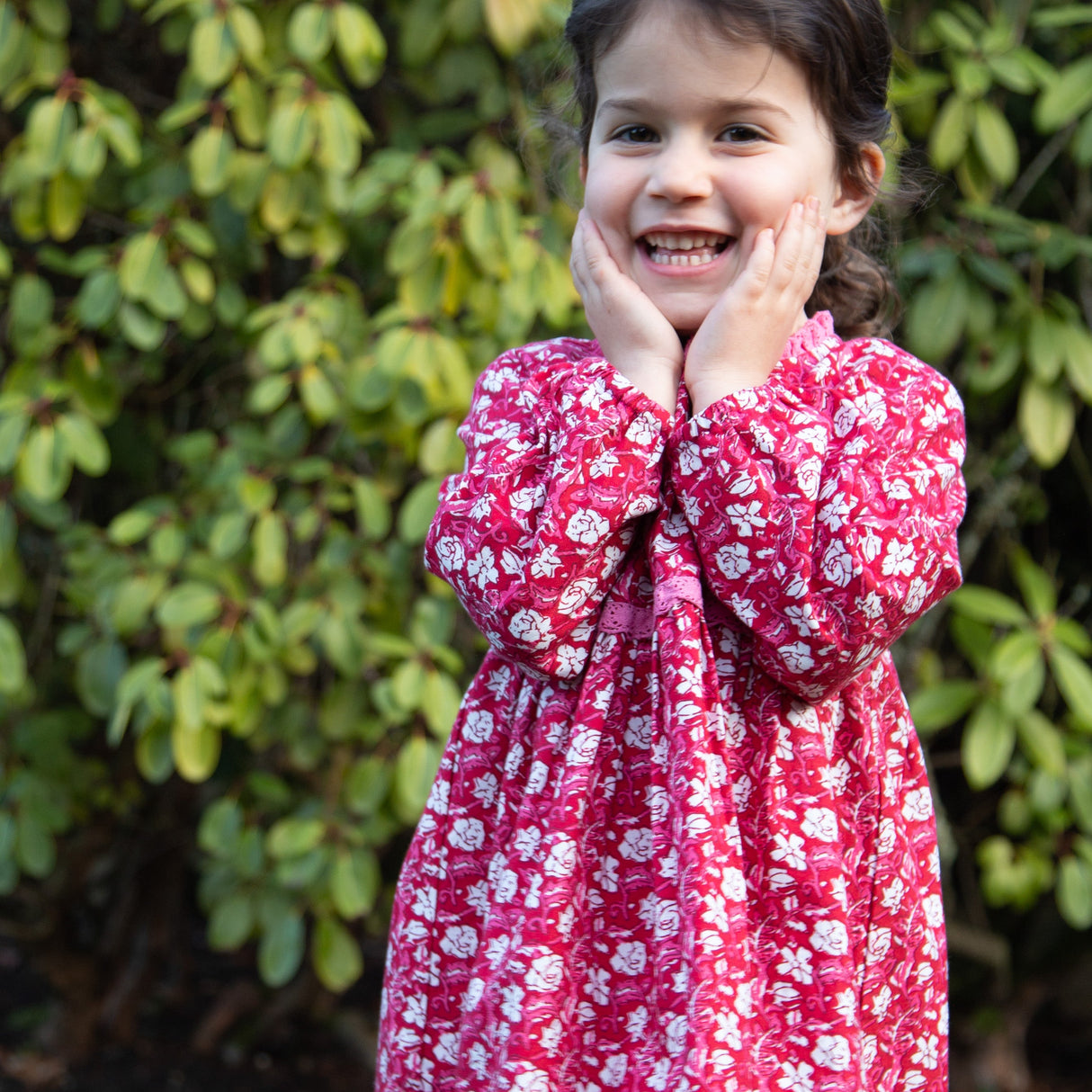 Toddler Long Sleeves Dress with Lace Trim | Red and White Floral - HoneyBug