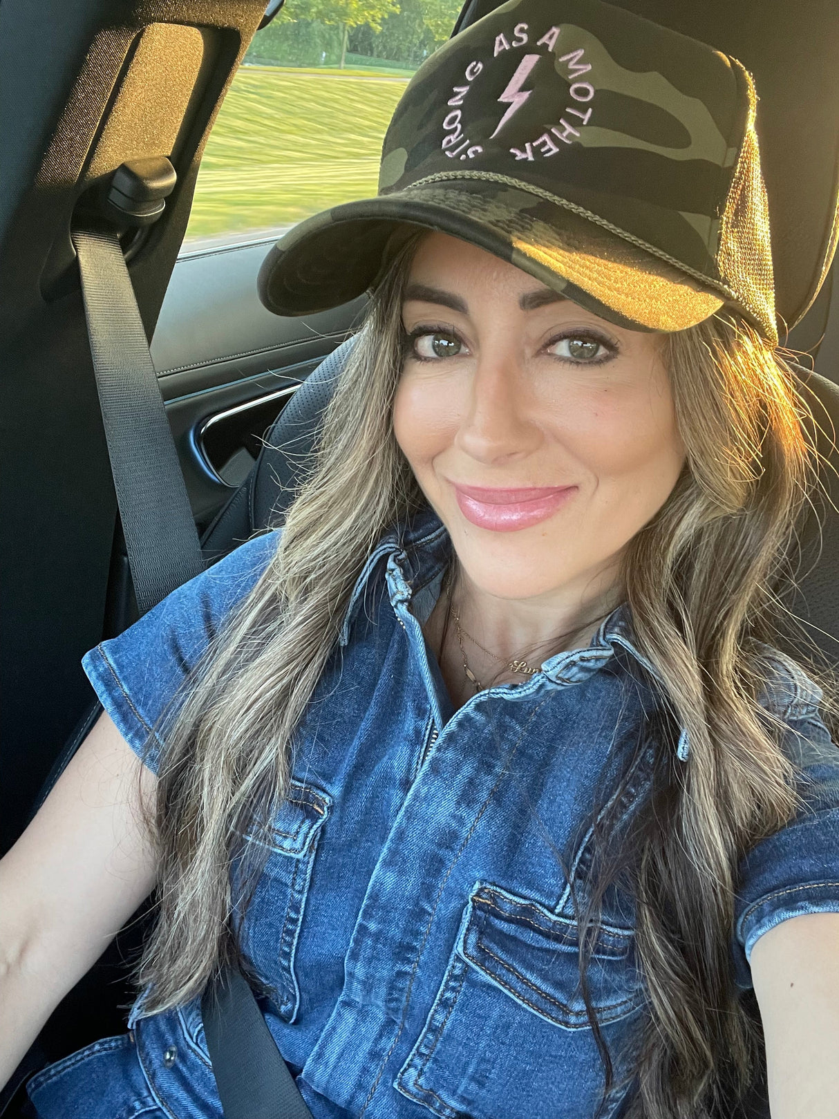 Strong as a mother™ Embroidered Trucker Hat - Camo + Baby Pink - HoneyBug