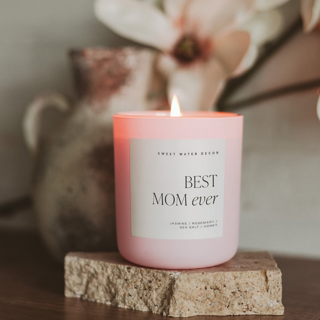 Best Mom Ever Soy Candle - Pink Matte Jar - 15 oz (Wildflowers and Salt) - HoneyBug