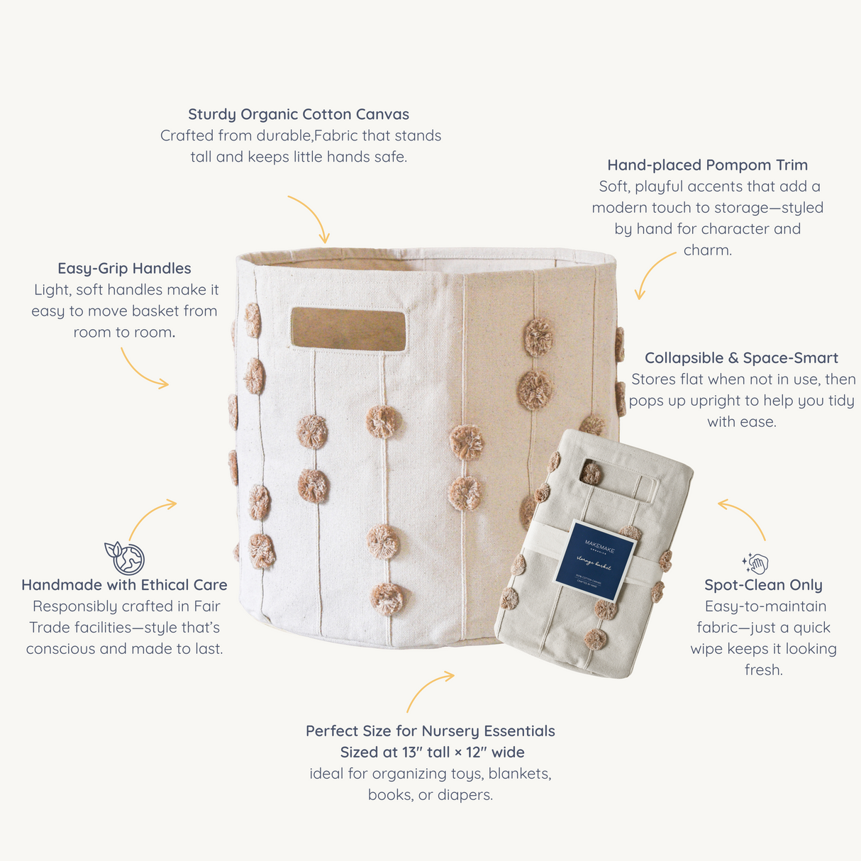 Handmade Canvas Storage Basket Pom Pom - Taupe