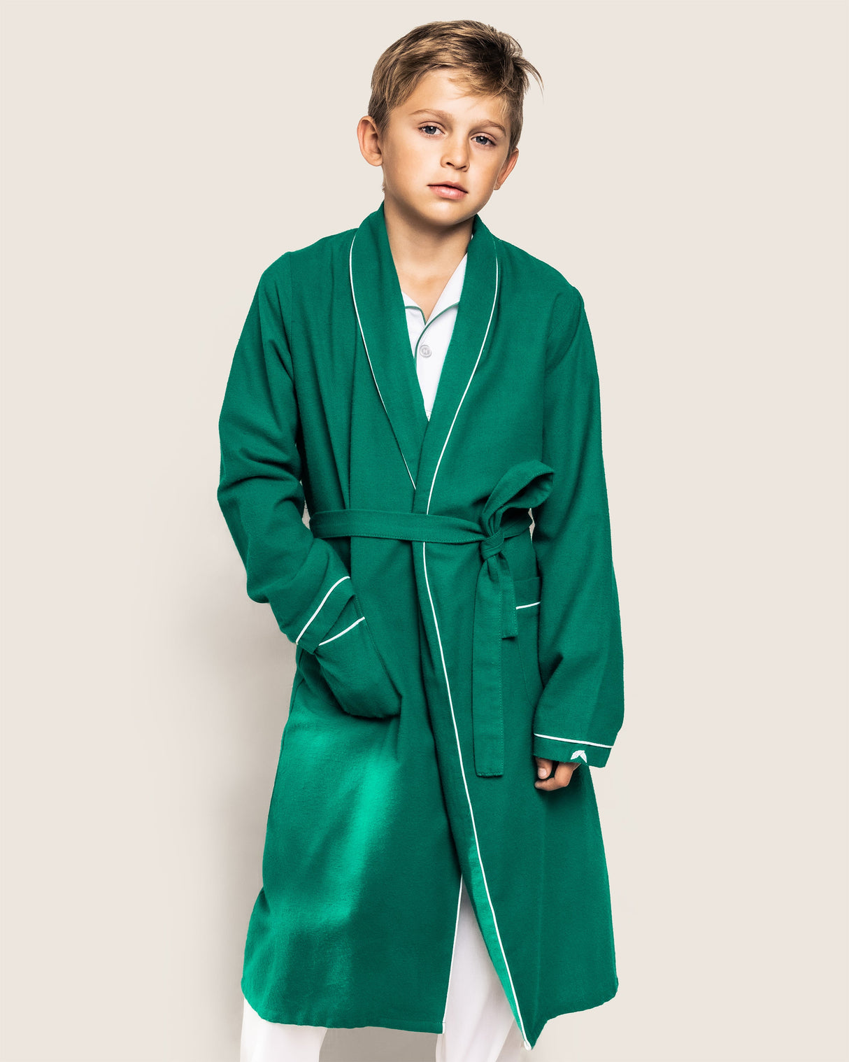 Kid's Flannel Robe in Forest Green with White Piping - HoneyBug
