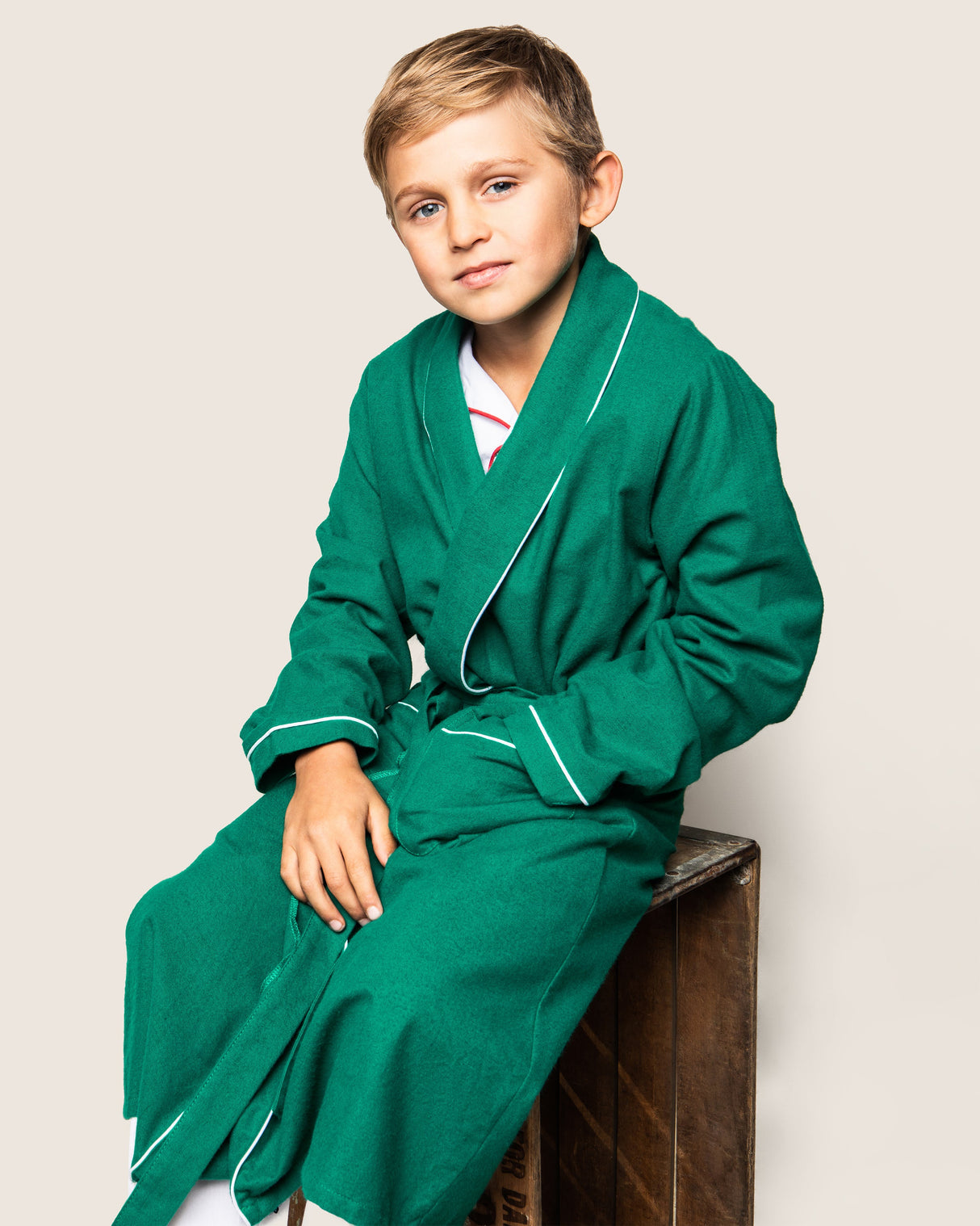 Kid's Flannel Robe in Forest Green with White Piping - HoneyBug
