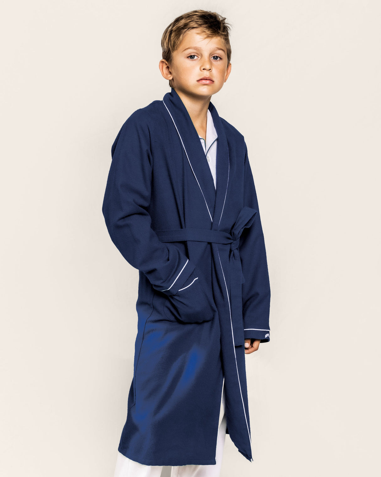 Kid's Flannel Robe in Navy with White Piping - HoneyBug