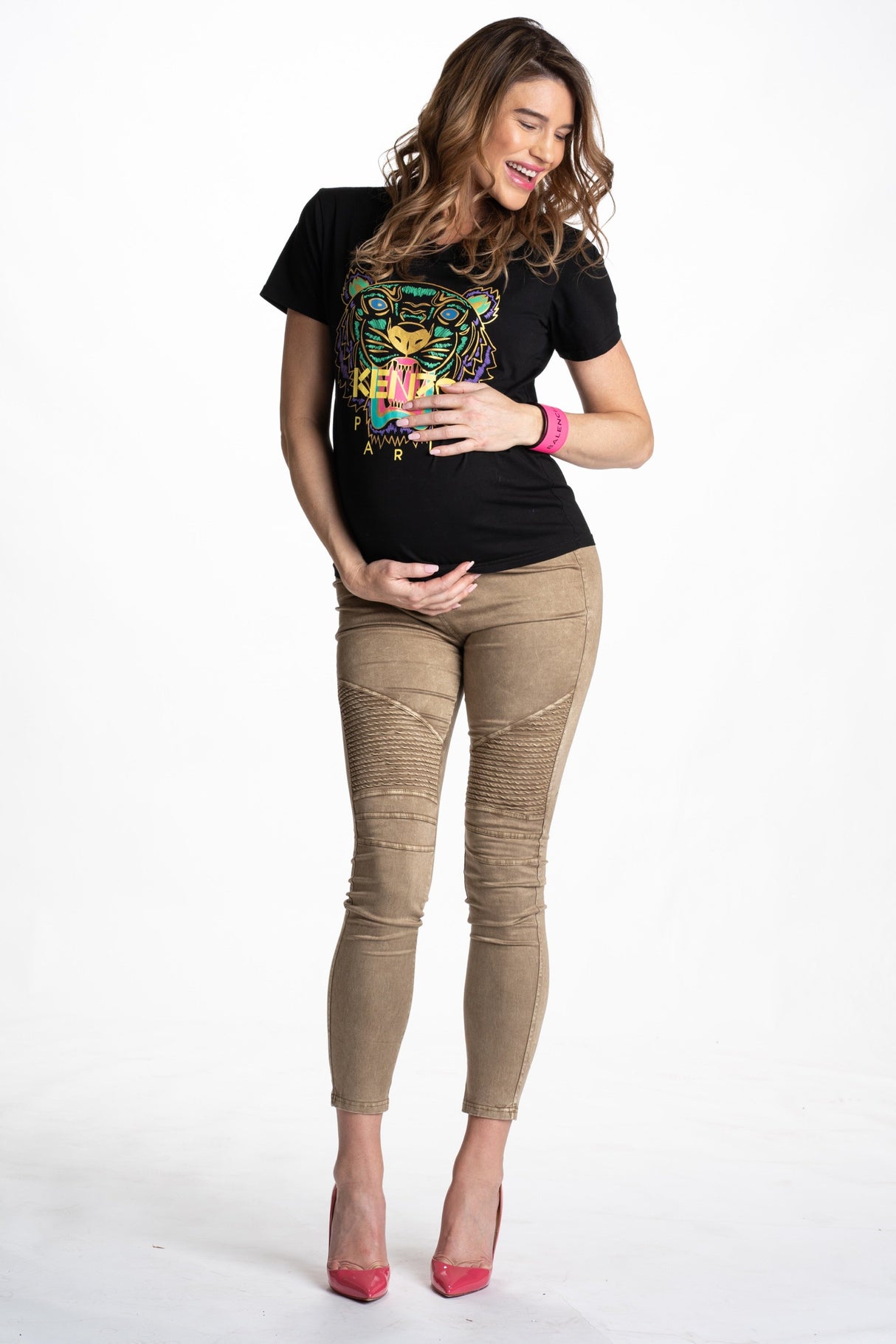 Desert Khaki Moto Maternity Leggings - HoneyBug