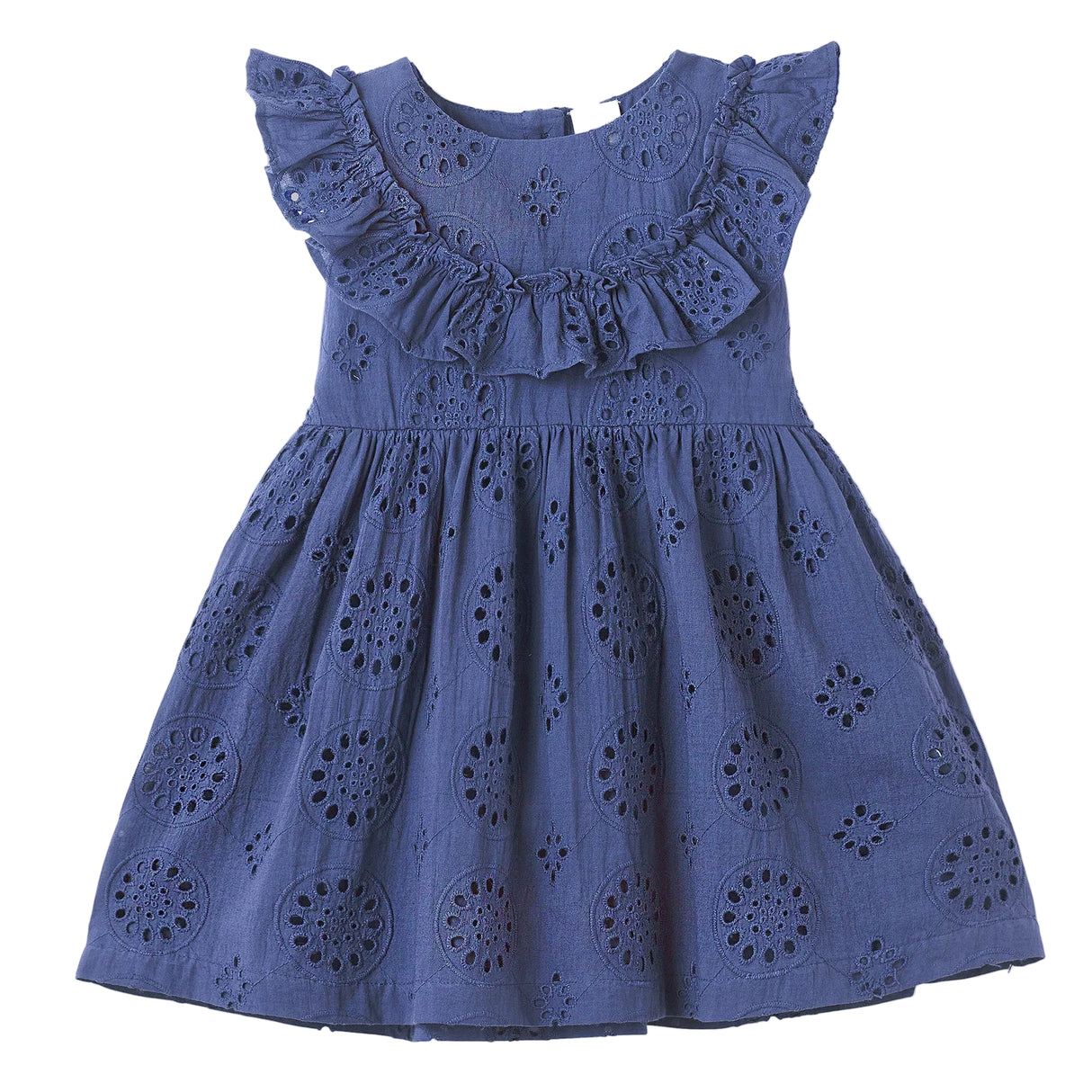 Girls' Eyelet Ruffle Dress - Cotton Blue Embroidered