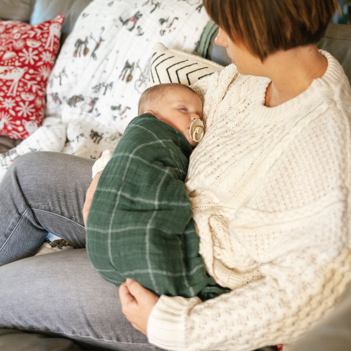 Cotton Muslin Swaddle Blanket - Evergreen Plaid - HoneyBug