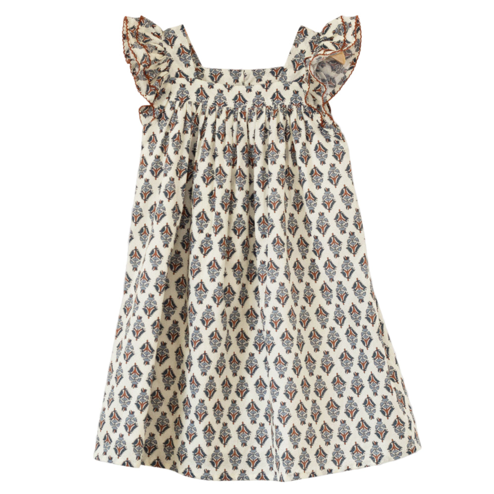 Girls Everly Square Neck Dress | Teal and Brown Jewel Handblock - HoneyBug