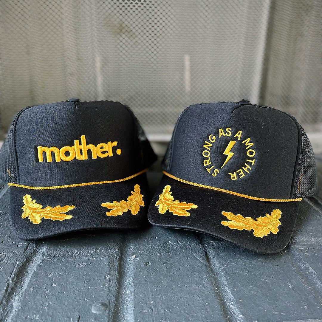 Strong as a mother™ Embroidered Captain Hat - Black and Gold - HoneyBug