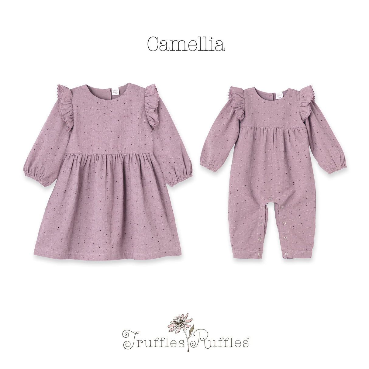 Mauve Eyelet Girls Romper – Embroidered Cotton Ruffle Sleeve - HoneyBug