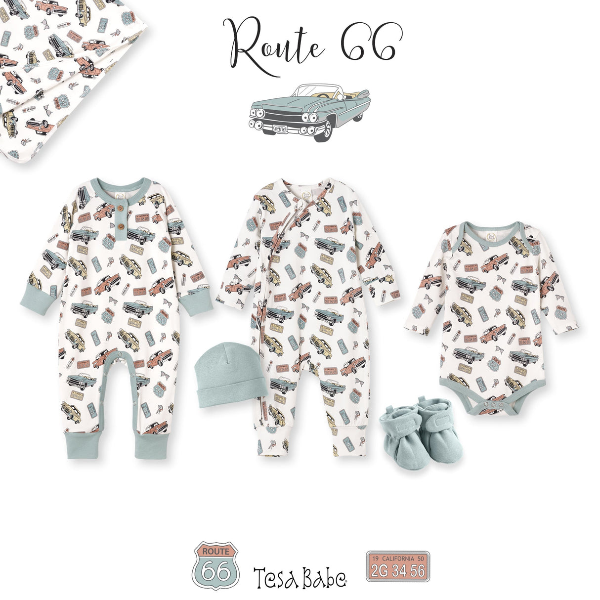 Baby Zipper Romper – Bamboo Route 66 Classic Car Print - HoneyBug