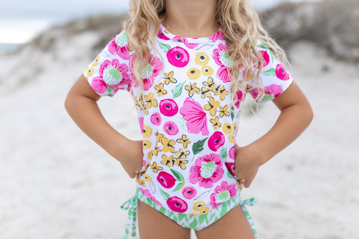 Olivia Green Pink Floral Rash Guard Swimsuit - HoneyBug