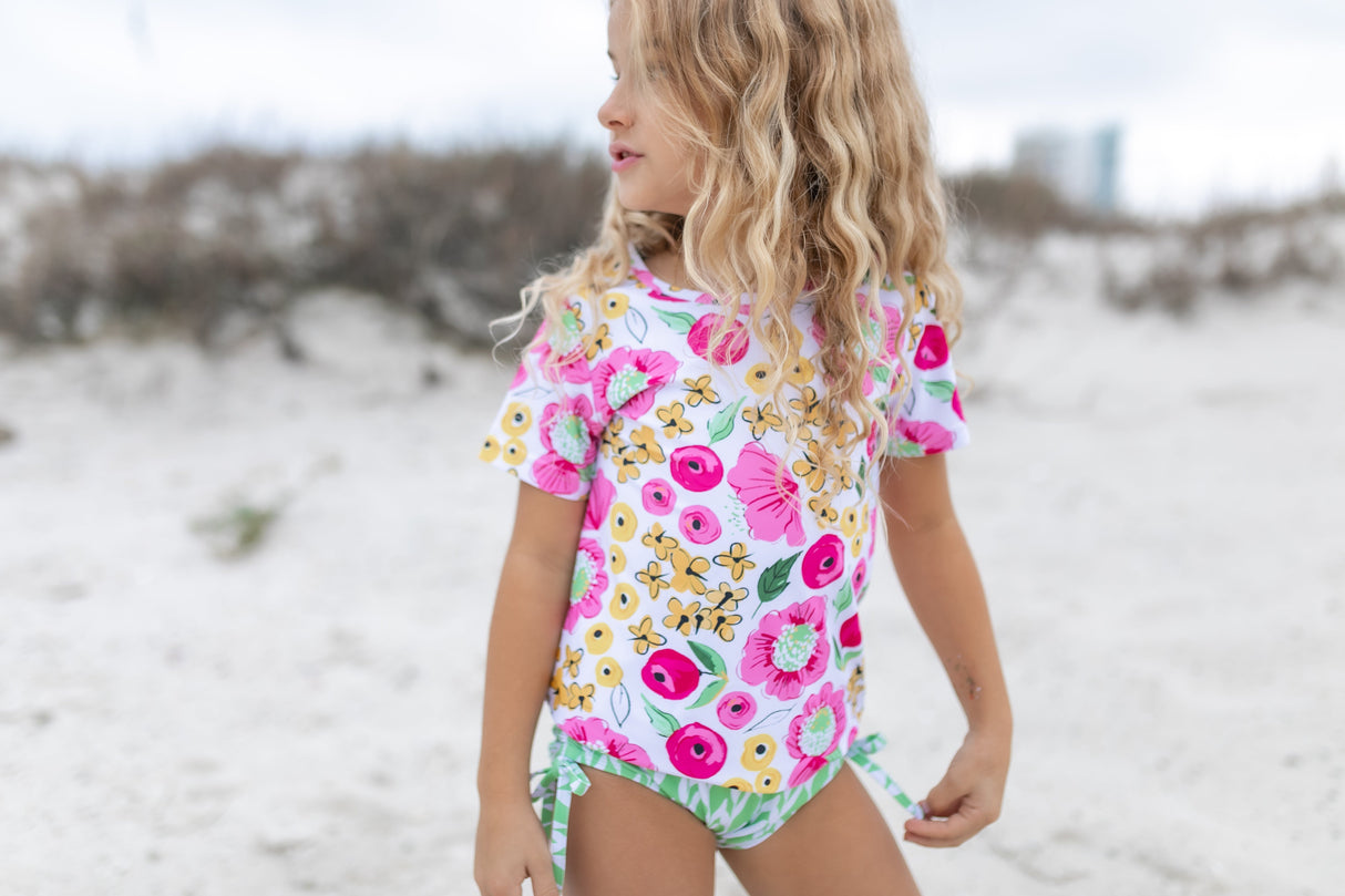 Olivia Green Pink Floral Rash Guard Swimsuit - HoneyBug
