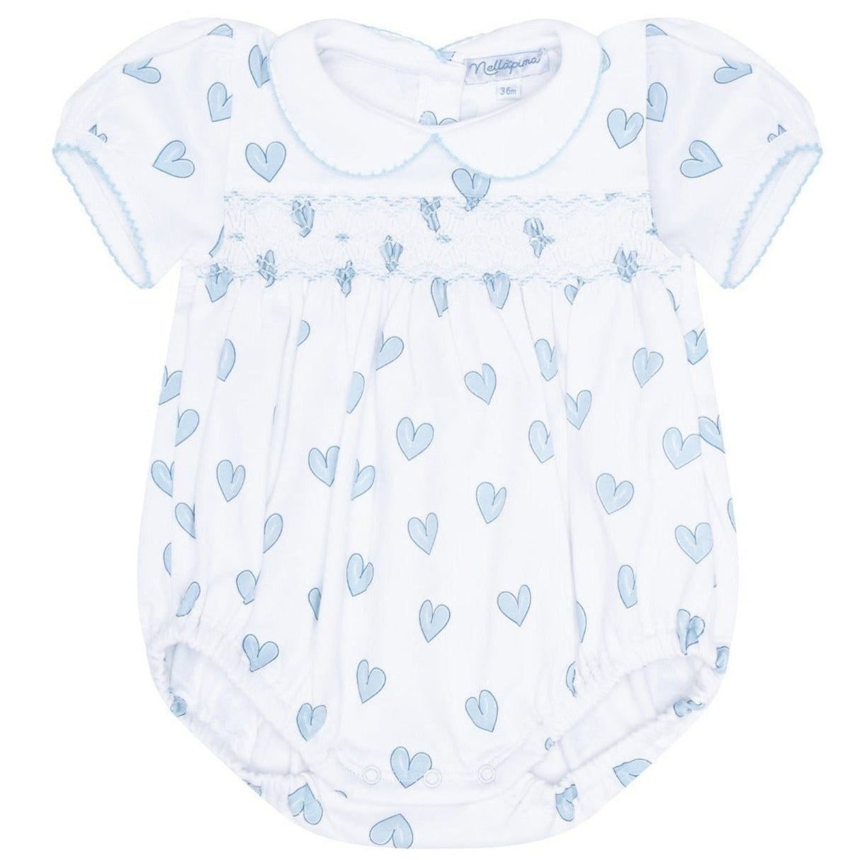 Blue Heart Print Smocked Bubble - HoneyBug