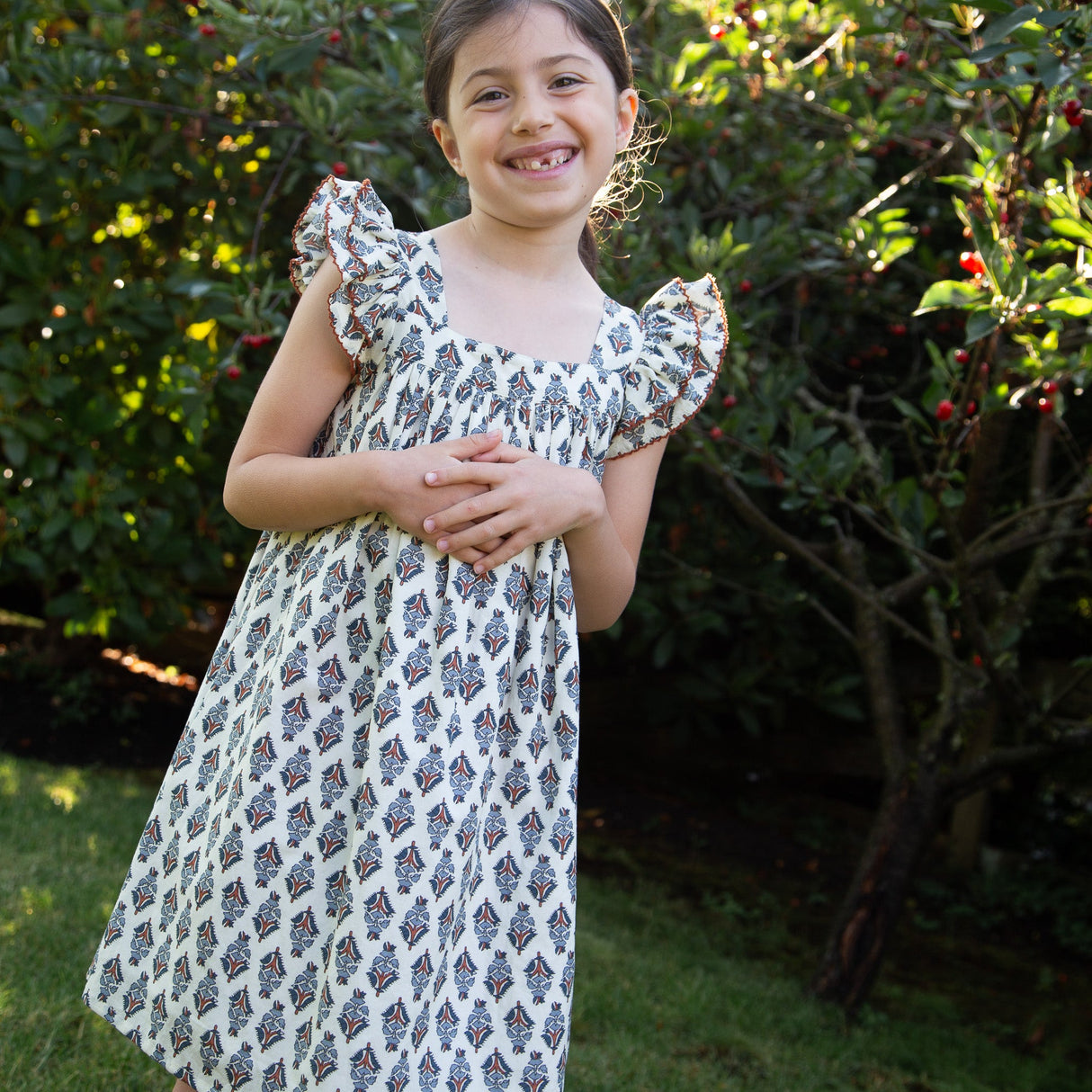 Girls Everly Square Neck Dress | Teal and Brown Jewel Handblock - HoneyBug