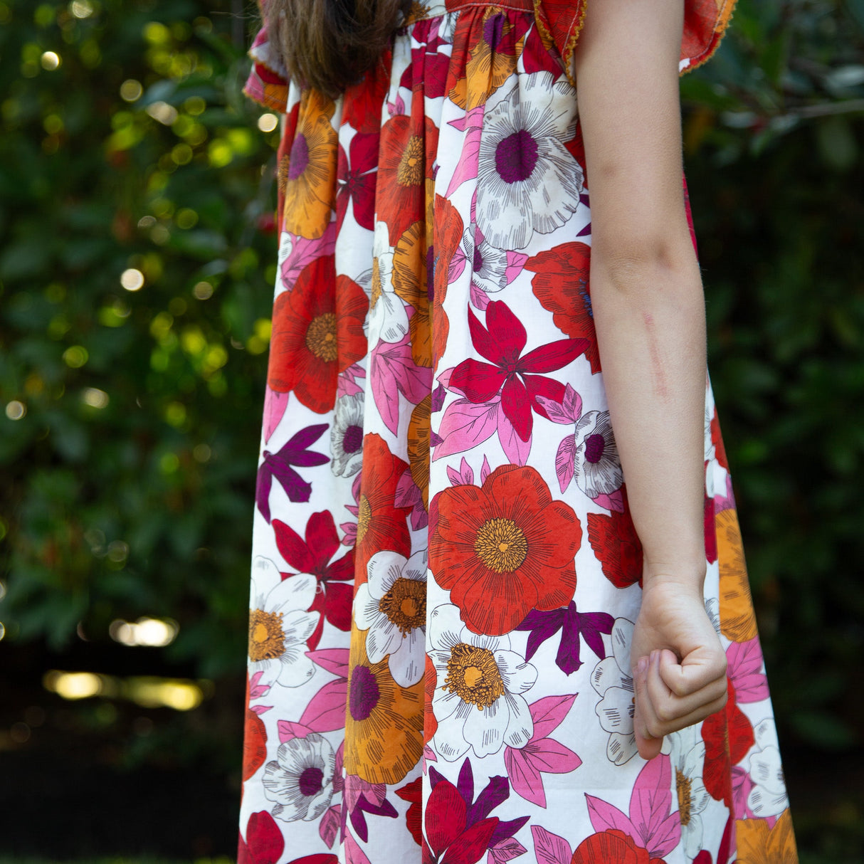 Girls Everly Square Neck Dress | Red and Orange Floral Medley - HoneyBug